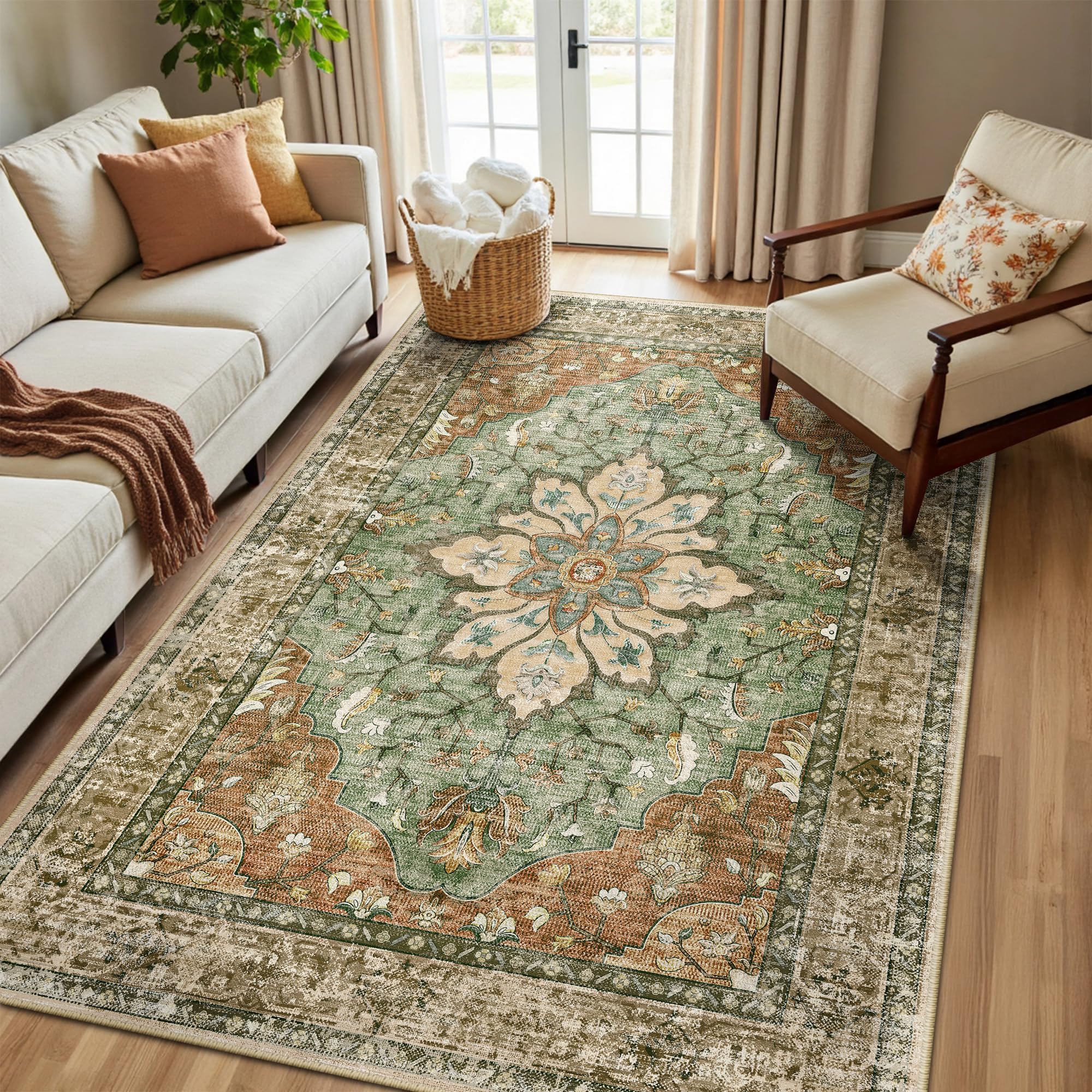 RELEANY Area Rugs 5x8 Washable Non-Slip, Floral Vintage Distress Print Pattern Medallion Carpet for Living Room Bedroom Dining