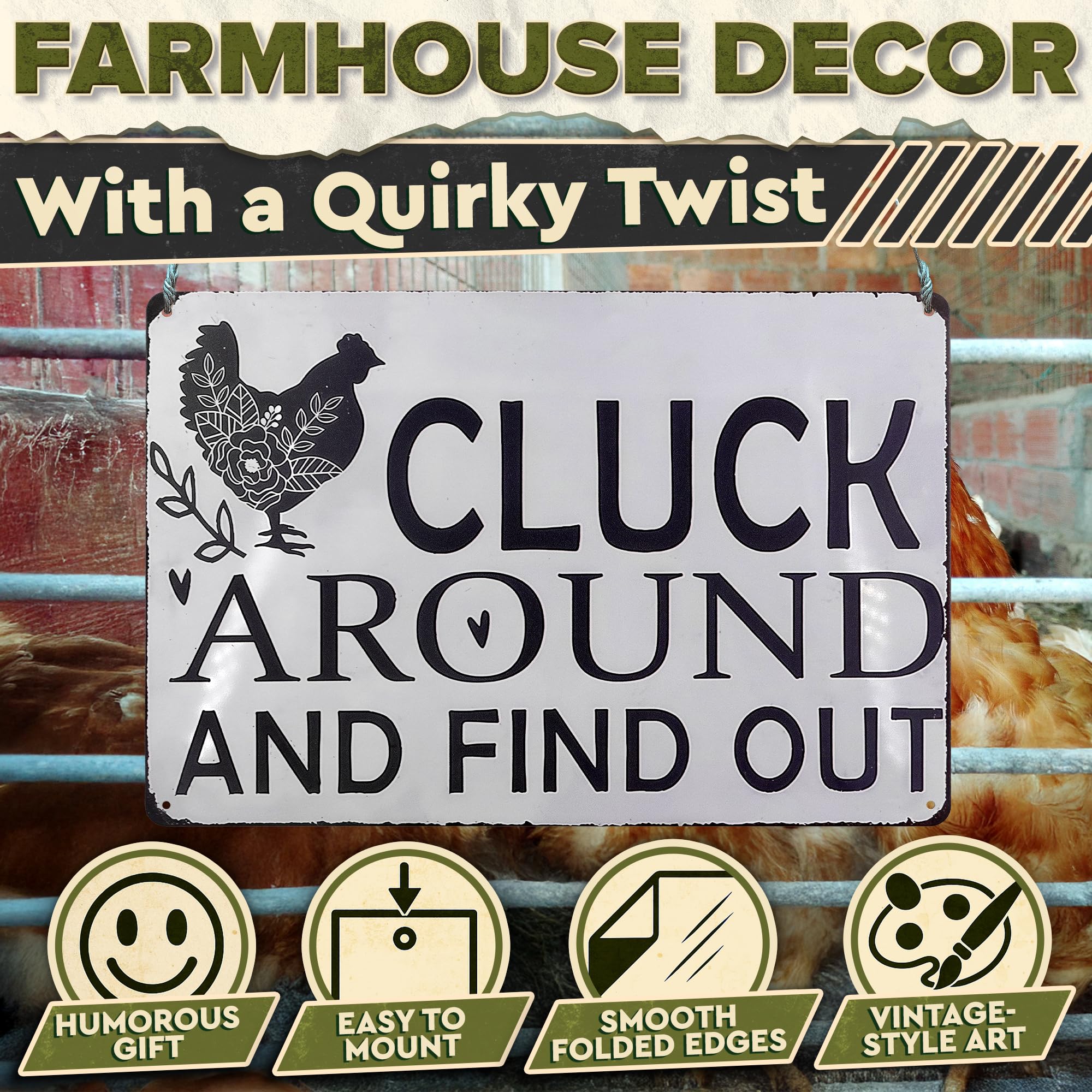 Rustic Chicken Coop Sign - Metal Rooster Decor for Barn or Kitchen, Farmhouse Tin Sign 8 x 12 inch, Country Farm Decorations, Vi