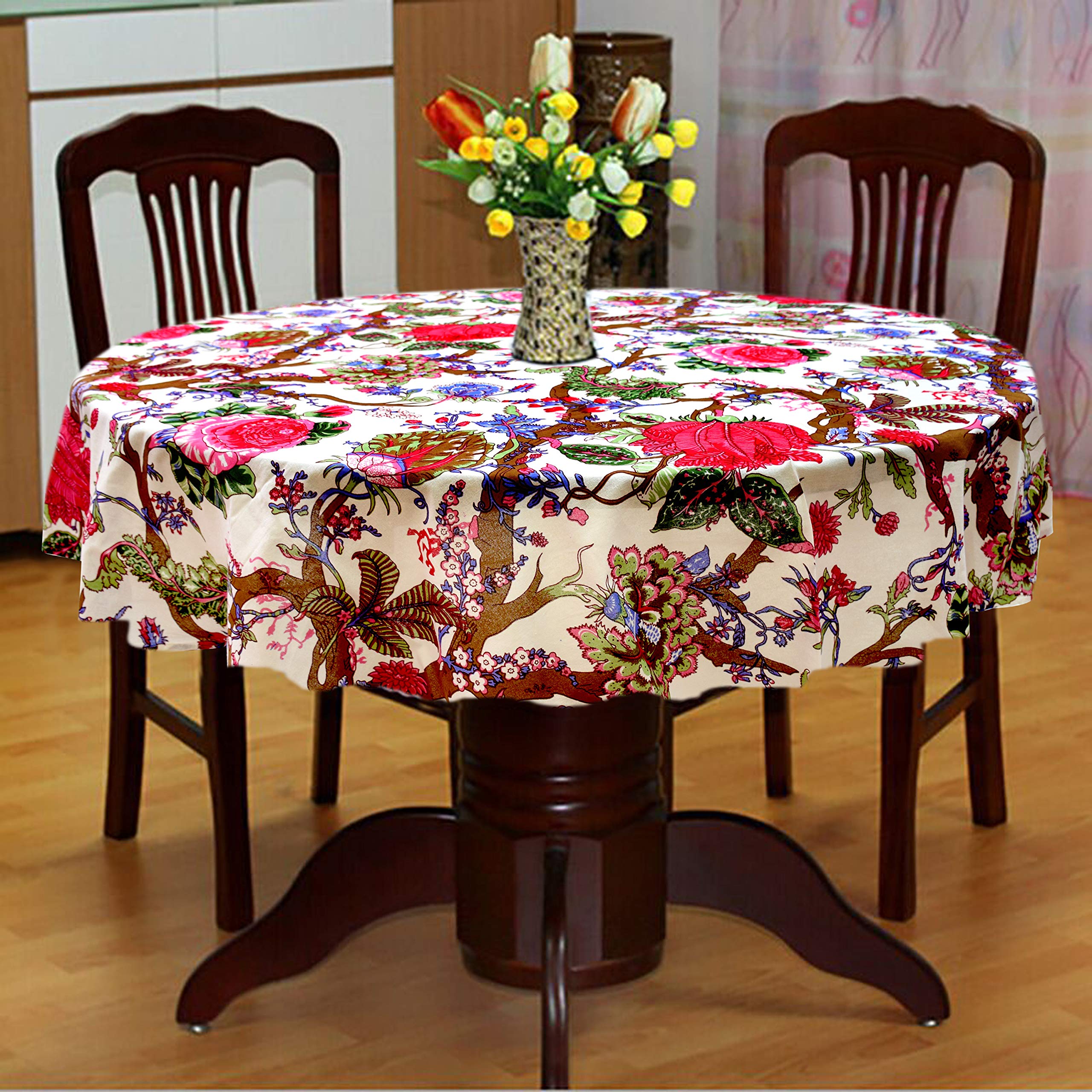 Miyanbazaz Textiles Cotton Washable Round Table Cloth/Table Cover for Dining Table Home dcor (65 Inch, White)