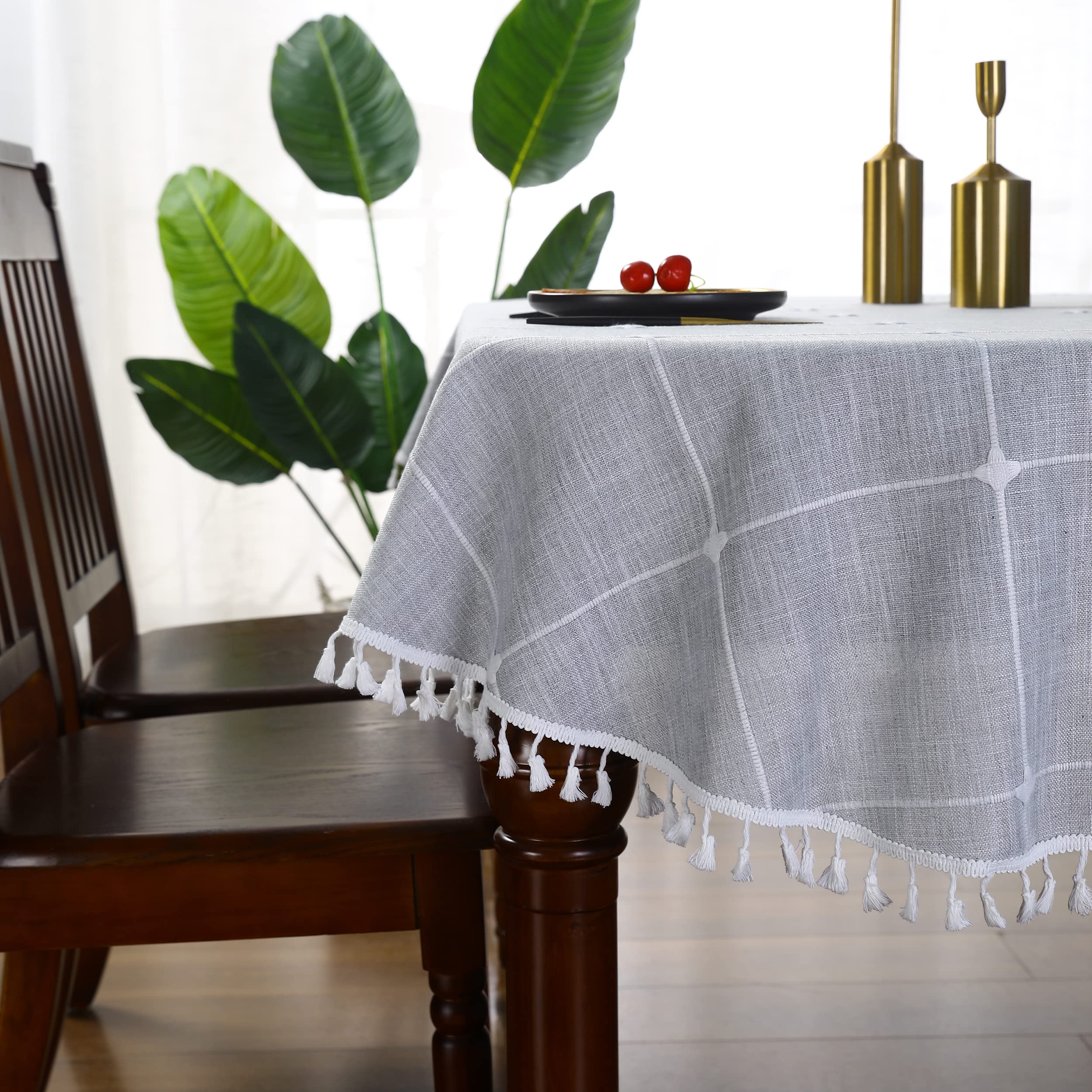 Grey Embroidery Lattice Oval Tablecloth with Tassel Heavy Duty Rustic Fabric Table Cover Wrinkle Resistant Washable Kitchen Dining Party Wedding Decoration 60 x 102 Inches