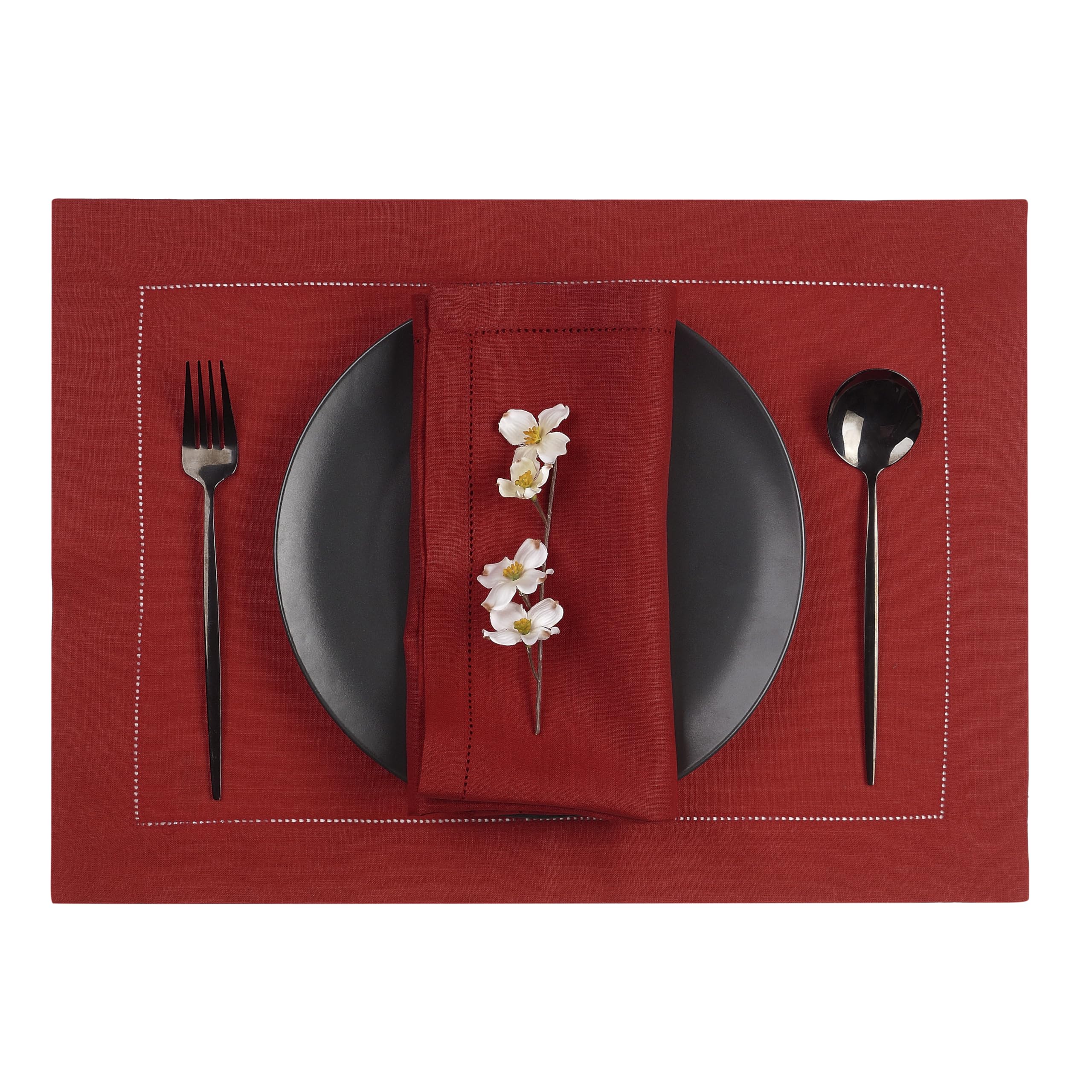 D'Moksha Homes Linen Placemats Set Of 4-100% Pure Linen Red Placemats 14 X 19 Inch - Classic Hemstitch, Washable Red Placemats F