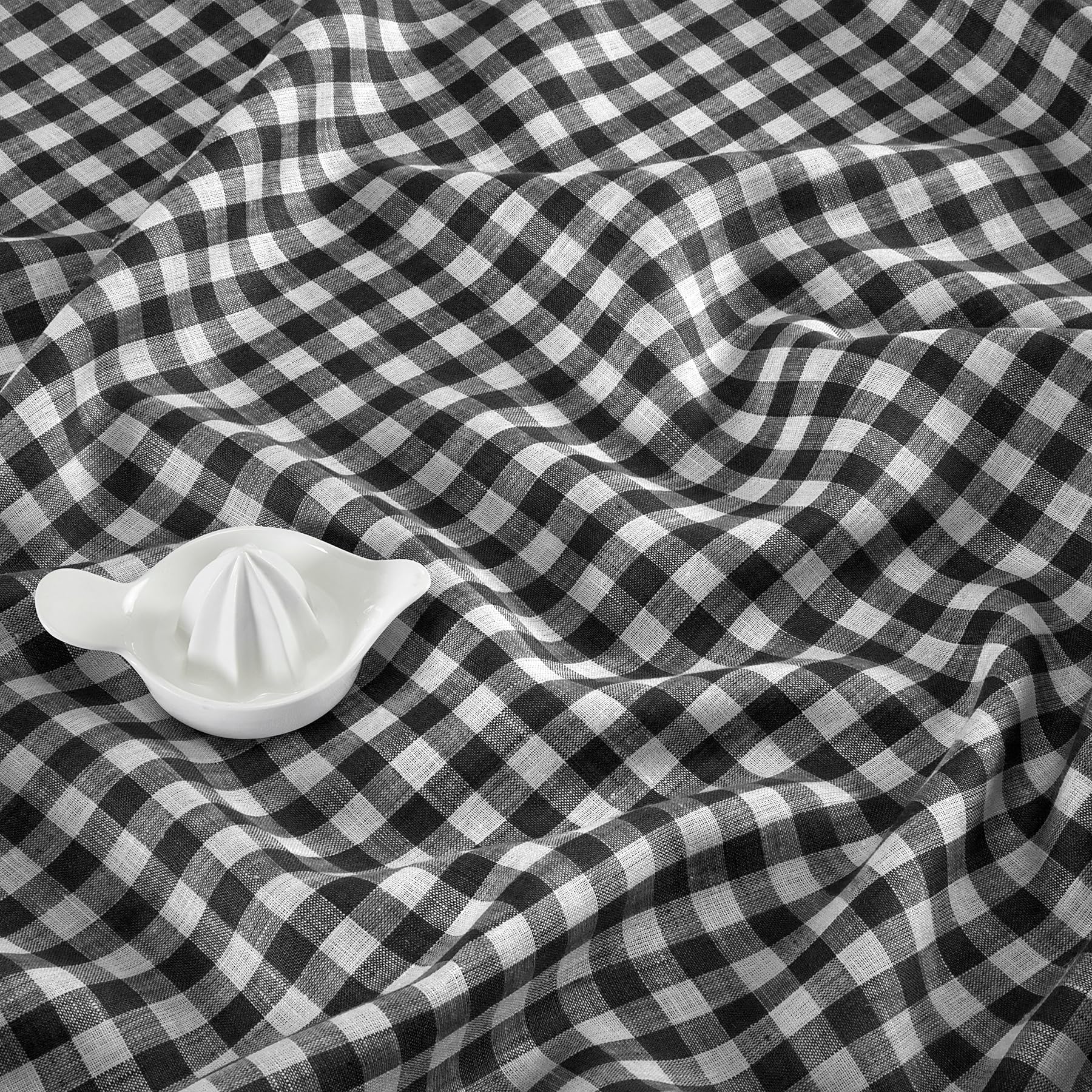 Solino Home Check Linen Square Tablecloth 52 X 52 Inch - 100% Pure Linen Black Plaid Table Throw - Gingham Check, Machine Washab