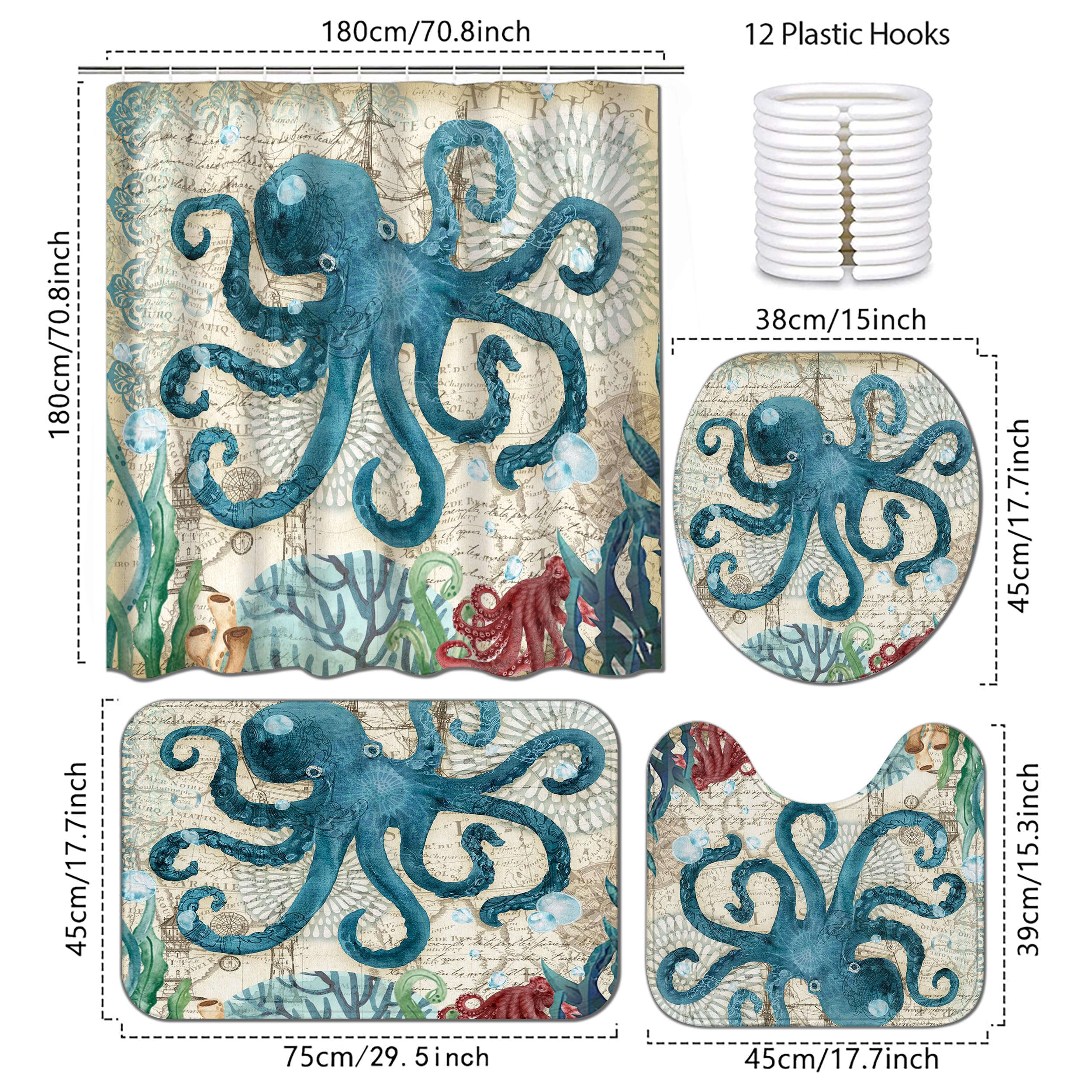 Planially 4Pcs Octopus Waterproof Shower Curtain Sets,Ocean Bathroom Sets With Shower Curtain, Toilet Lid Rug, Contour Mat And B