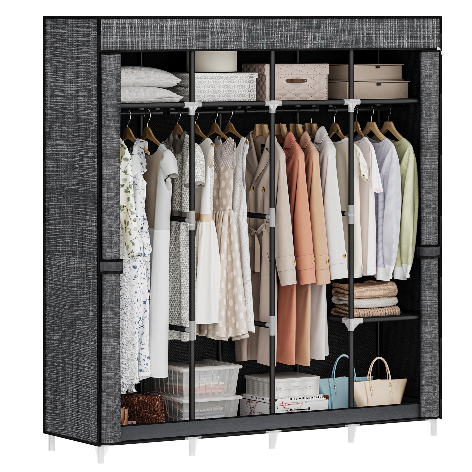 Hzuaneri 67 Inch Closet Wardrobe, Clothes Storage Organizer For Hanging Clothes With Cover, 4 Hanging Rods, 9 Storage Shelves, P