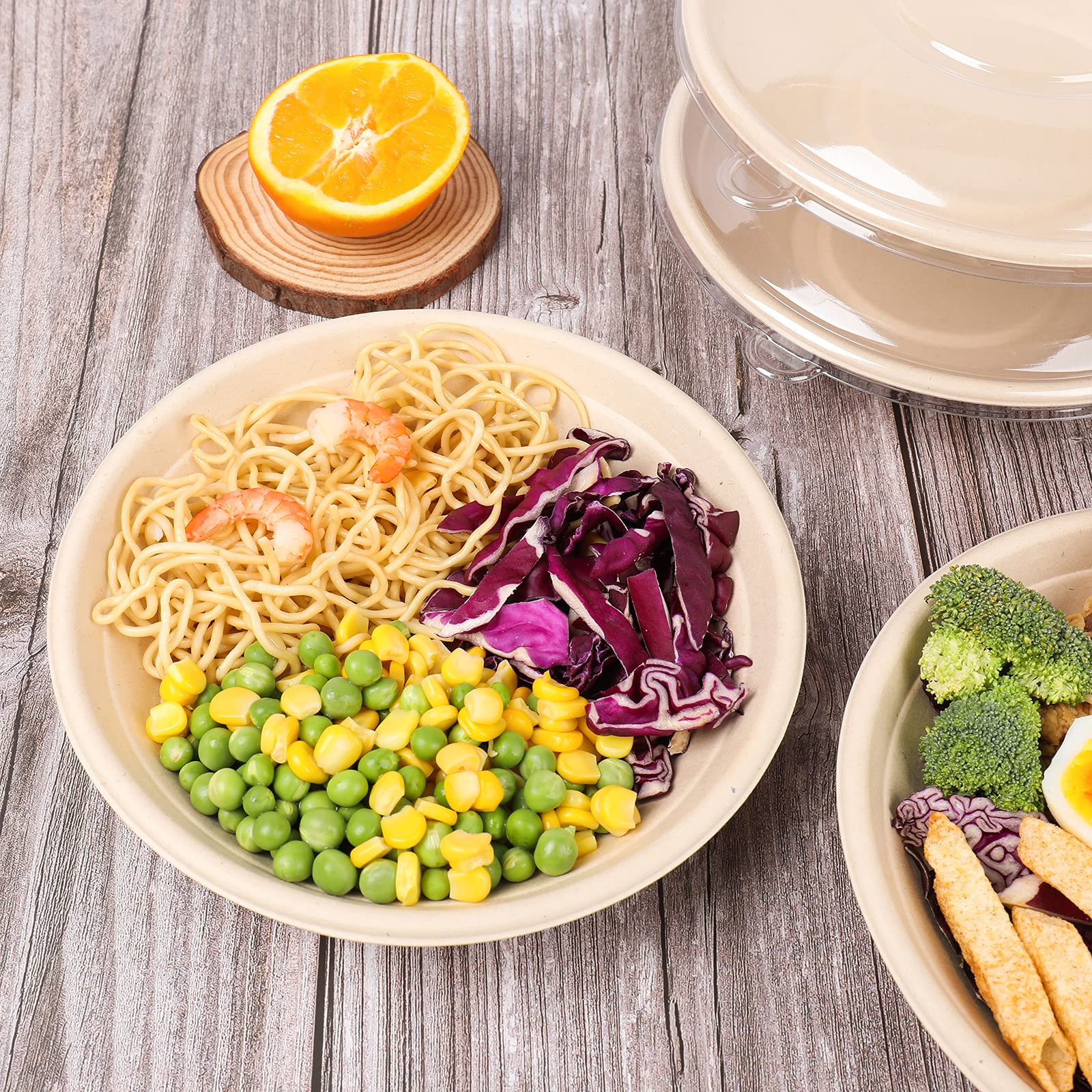 Jayeey 24Oz Round Disposable Bowls With Lids, Sugarcane Fiber Paper Bowls Take Away Food Containers Plant Fibers Freezer Safe 50