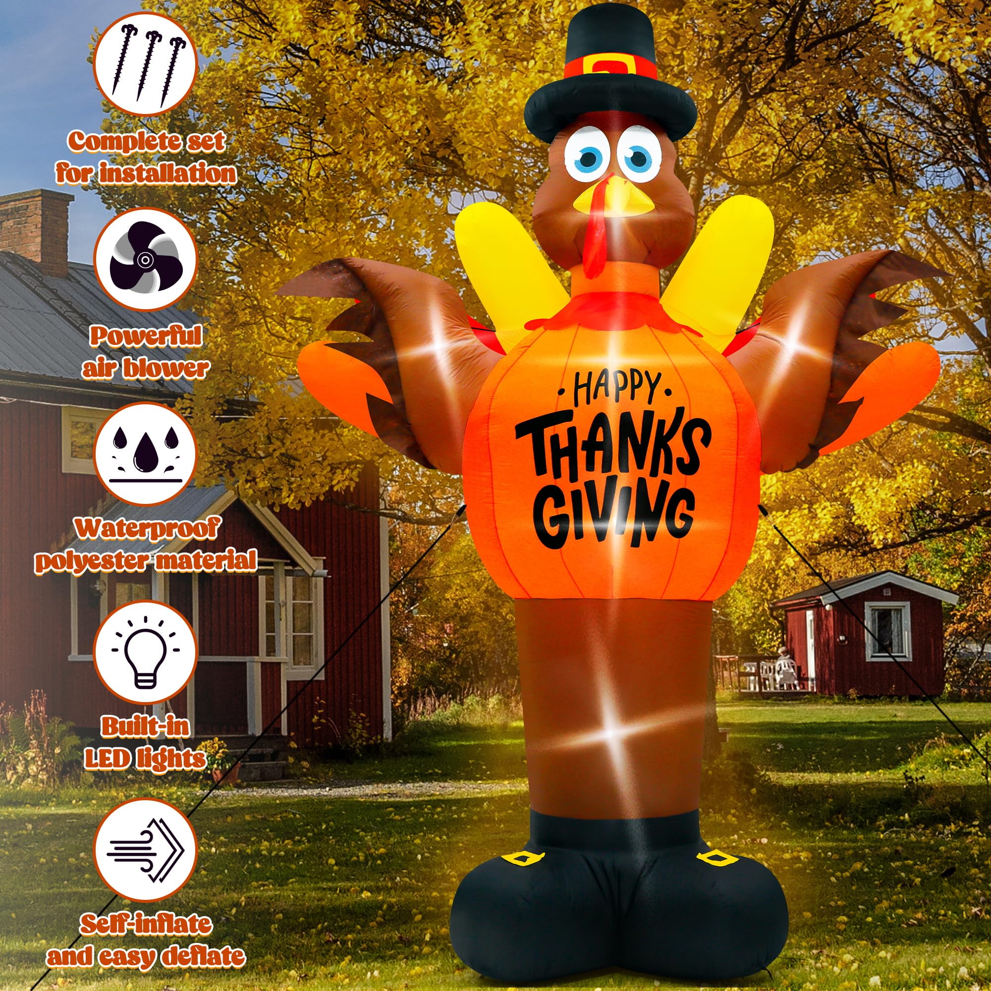 14FT Thanksgiving Turkey Inflatables, Extra Large Blow Up Thanksgiving Turkey Wearing Pumpkins, Pre-lit Happy Thanks Giving Outd