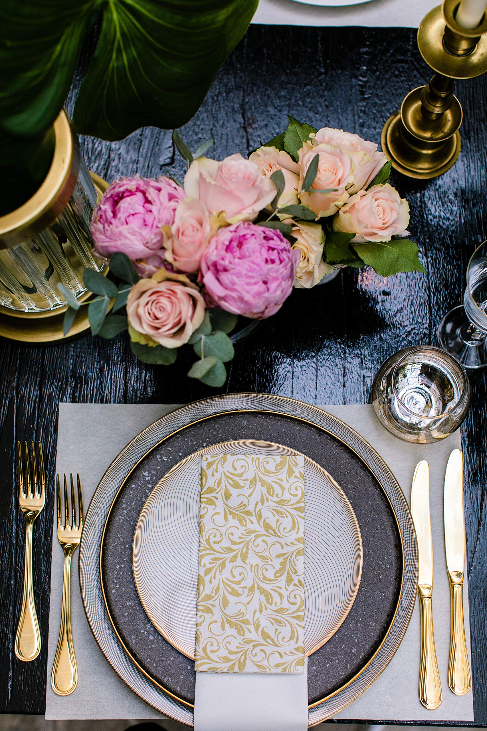 AH AMERICAN HOMESTEAD Paper Napkins - Disposable Linen-Like Dinner/Wedding Napkins 50 Count- Entertaining Party Essentials -Restaurant Quality Colored Table Napkins 15.75''x15.75'' (Gold Swirling Leaf)