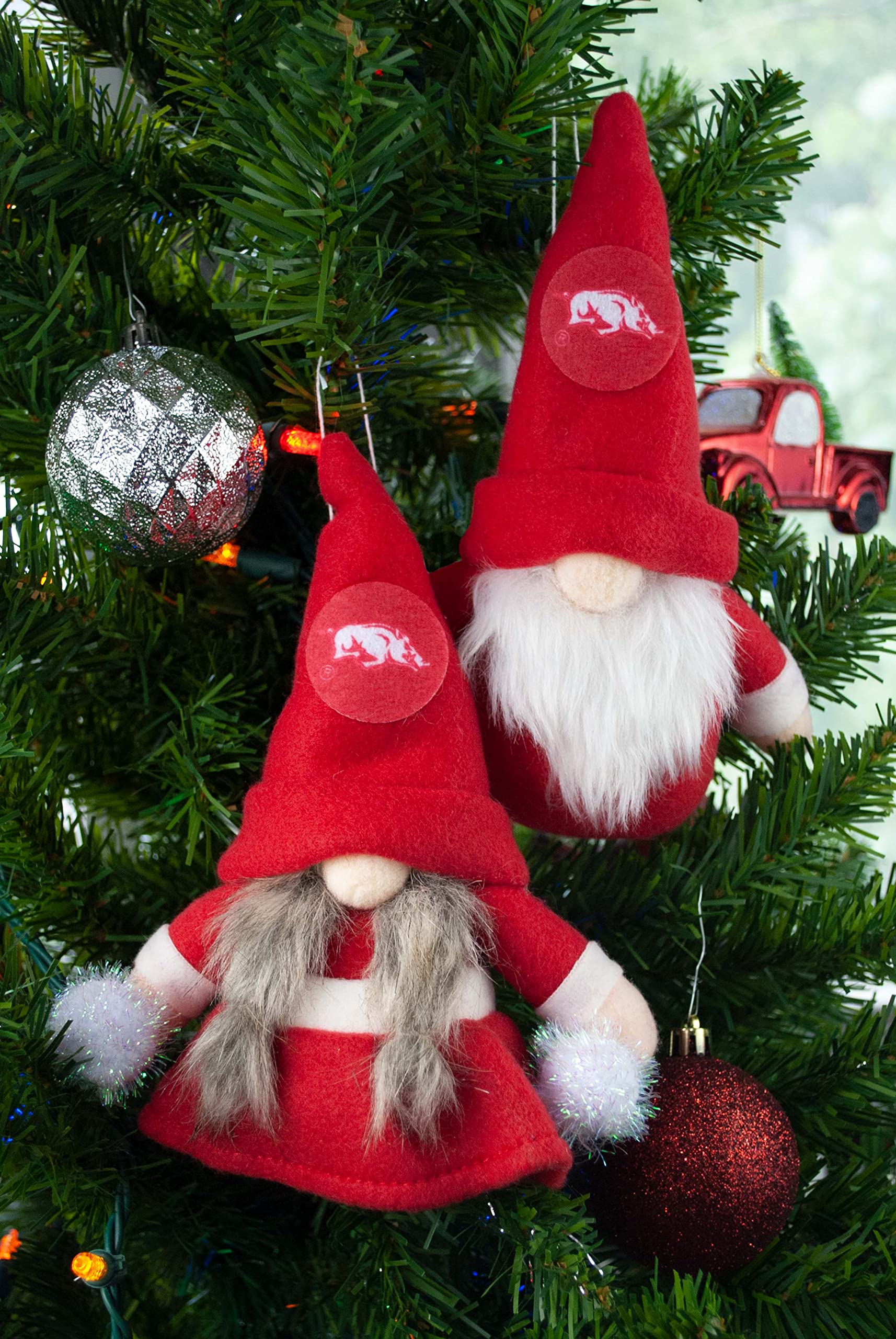 University of Arkansas Razorbacks Set of 2 Plush Gnome Christmas Tree Ornaments by Hannas Handiworks - Fan/Cheerleader Holiday/D