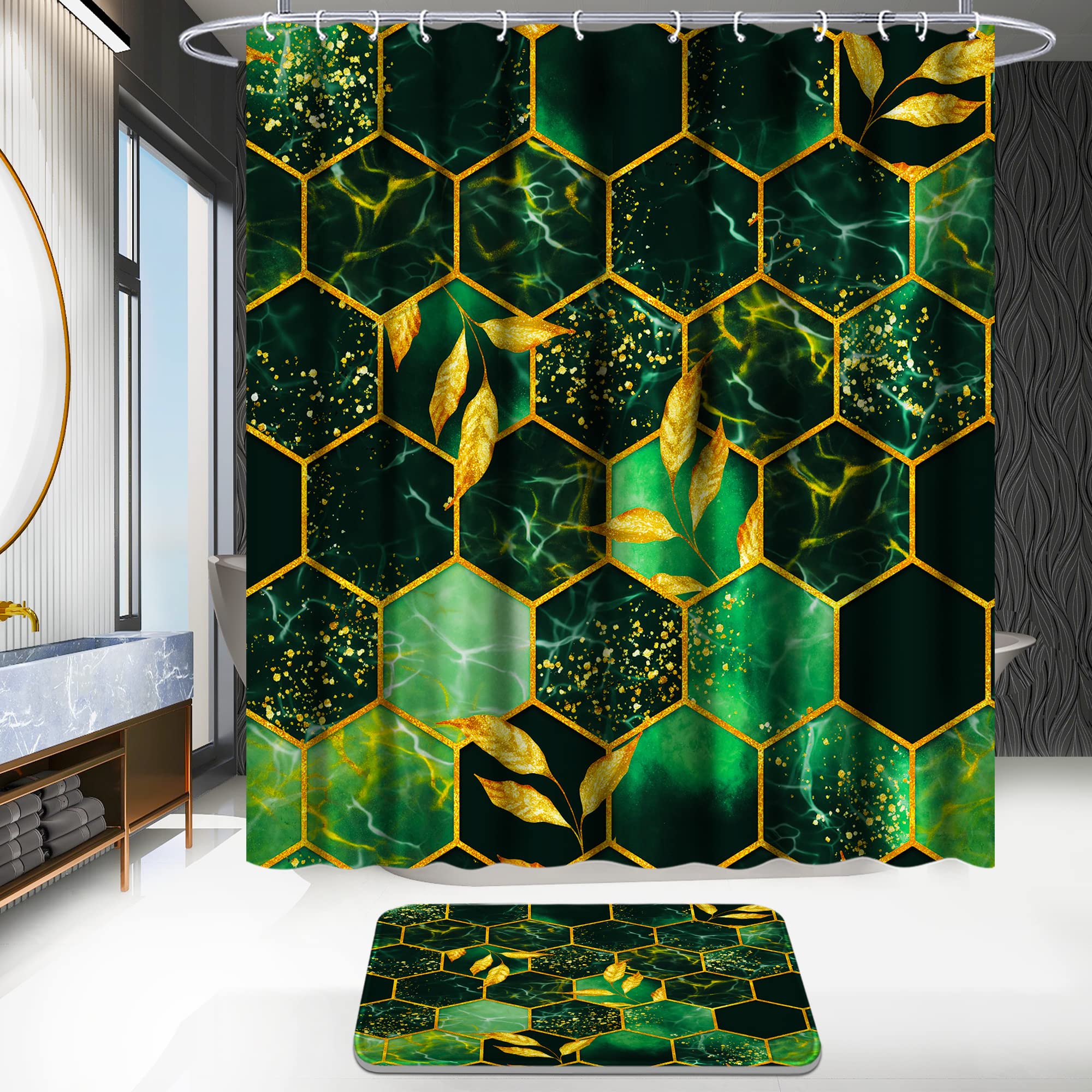 Poedist 4 Pcs Bathroom Shower Curtain Set Green Honeycomb Marble Bathroom Sets with Rugs(Bath Mat U Shape and Toilet Lid Cover Mat) and 12 Durable Hooks