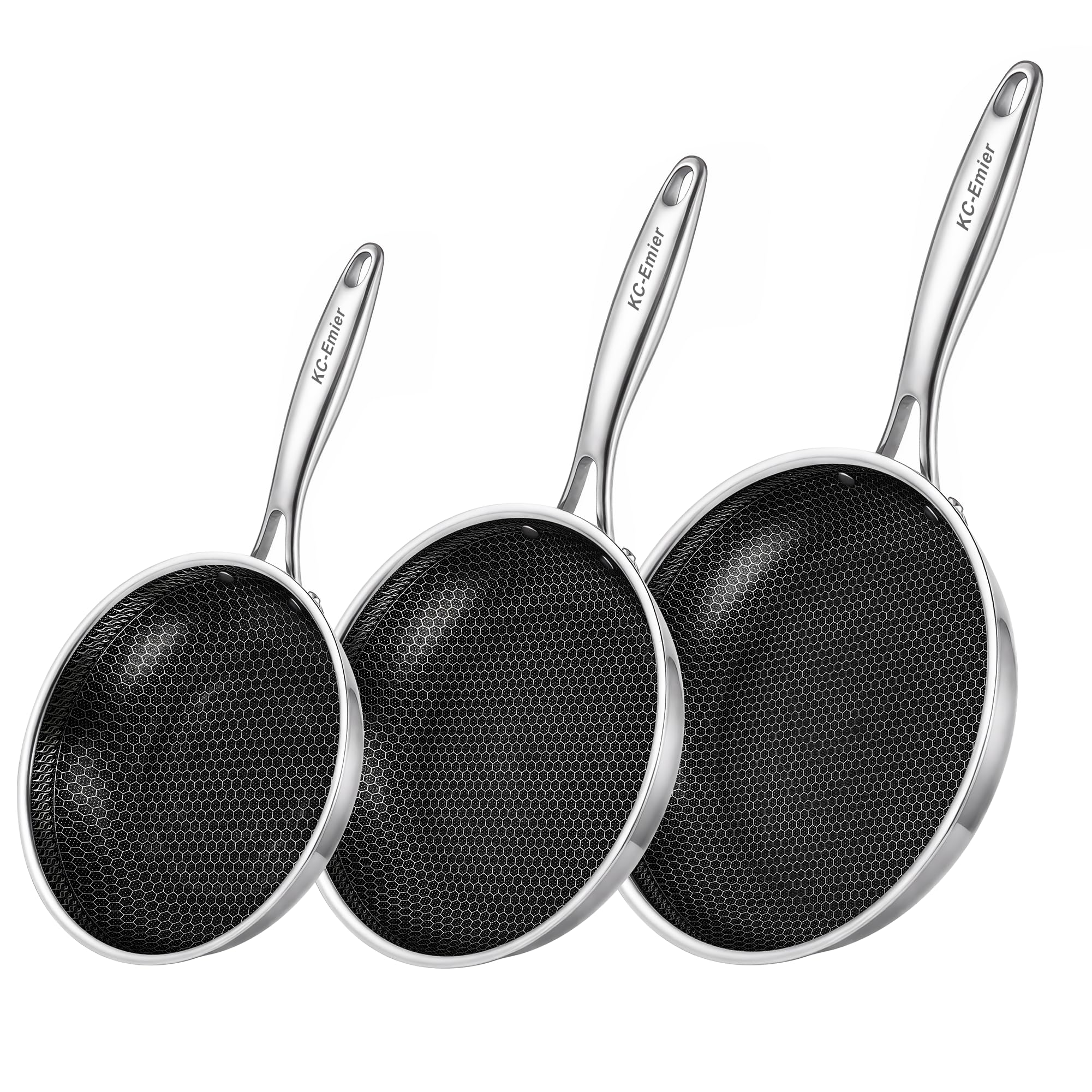 KCEmier 8/10/12 Inch NonStick Frying Pan Set TriPly Stainless Steel Pan with StayCool Handle Oven & Dishwasher Safe For Indu