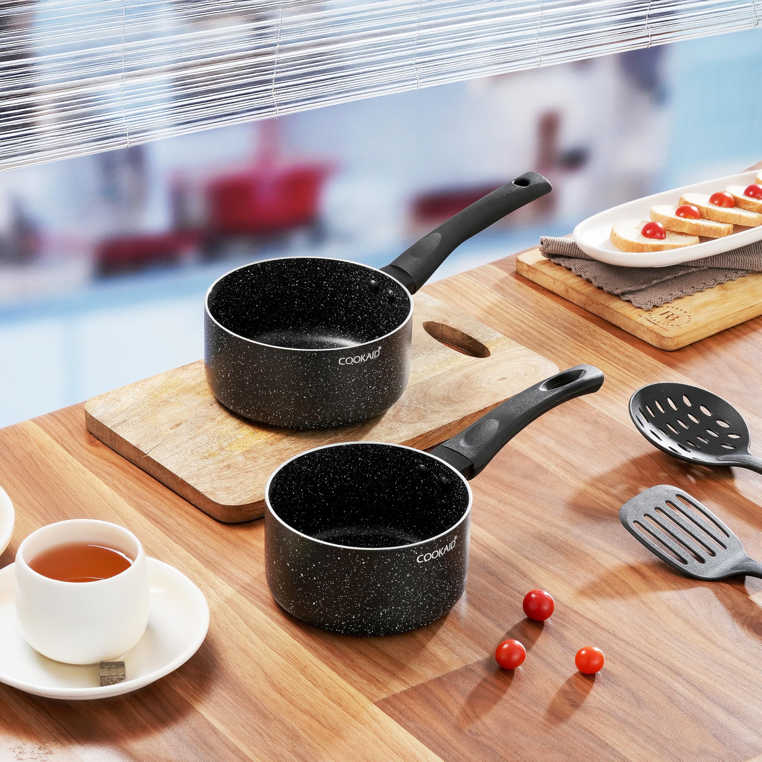Cookaid Neo Glide Series Non Stick Ptfe Saucepan 2 Pcs Cookware Set (14 Cm + 16 Cm) With 2 Pc Nylon Tool| Aluminium Body|Gas & I