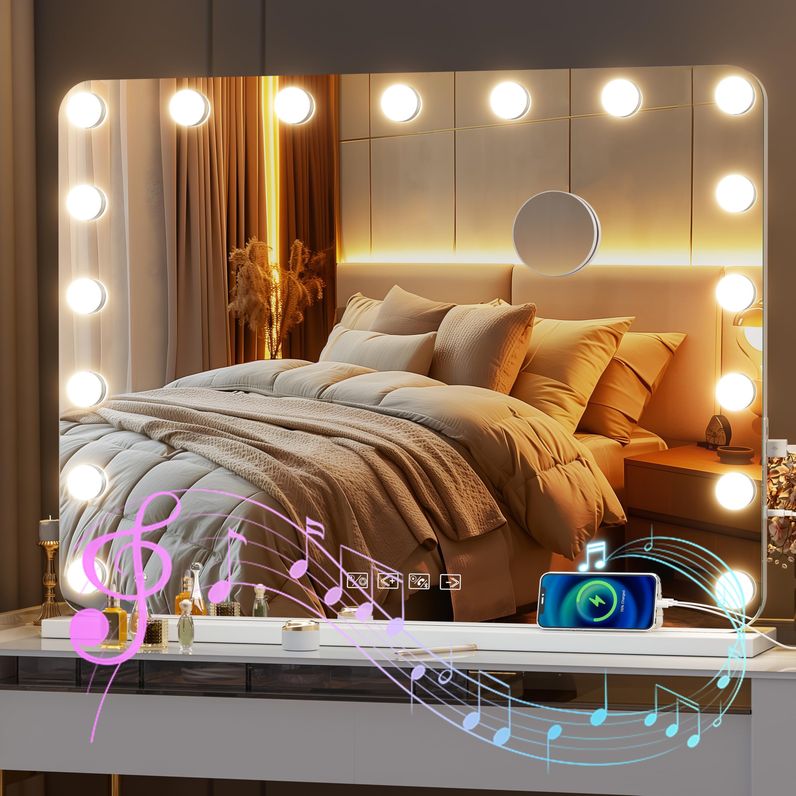 Hasipu Vanity Mirror With Lights And Bluetooth Speaker, 31.5'' X 23.6'' Hollywood Mirror, Makeup Mirror With 17 Dimmable Bulbs A