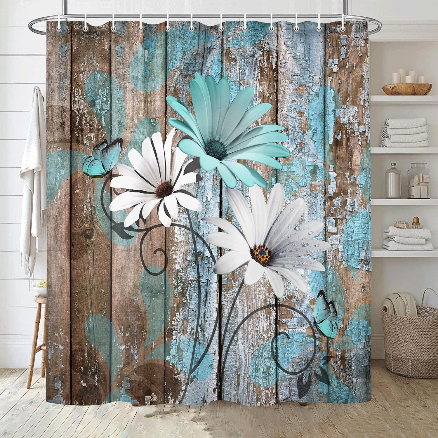 Jawo Farmhouse Flower Floral Shower Curtain, Rustic Teal Turquoise Daisy Shower Curtain Set, Country Blue Wild Garden Plant Fabr