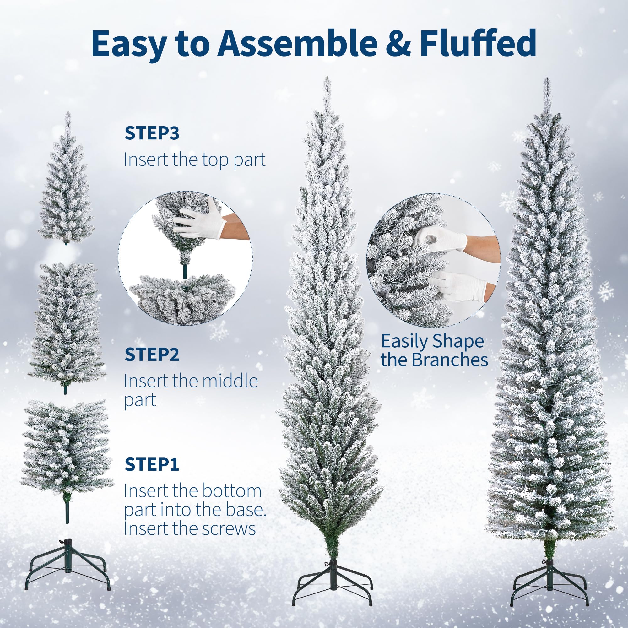 7.5Ft Pre-Lit Snow Flocked Pencil Christmas Tree, Fir Hinged Slim Skinny Corner Xmas Tree with 155 Incandescent Warm White Light