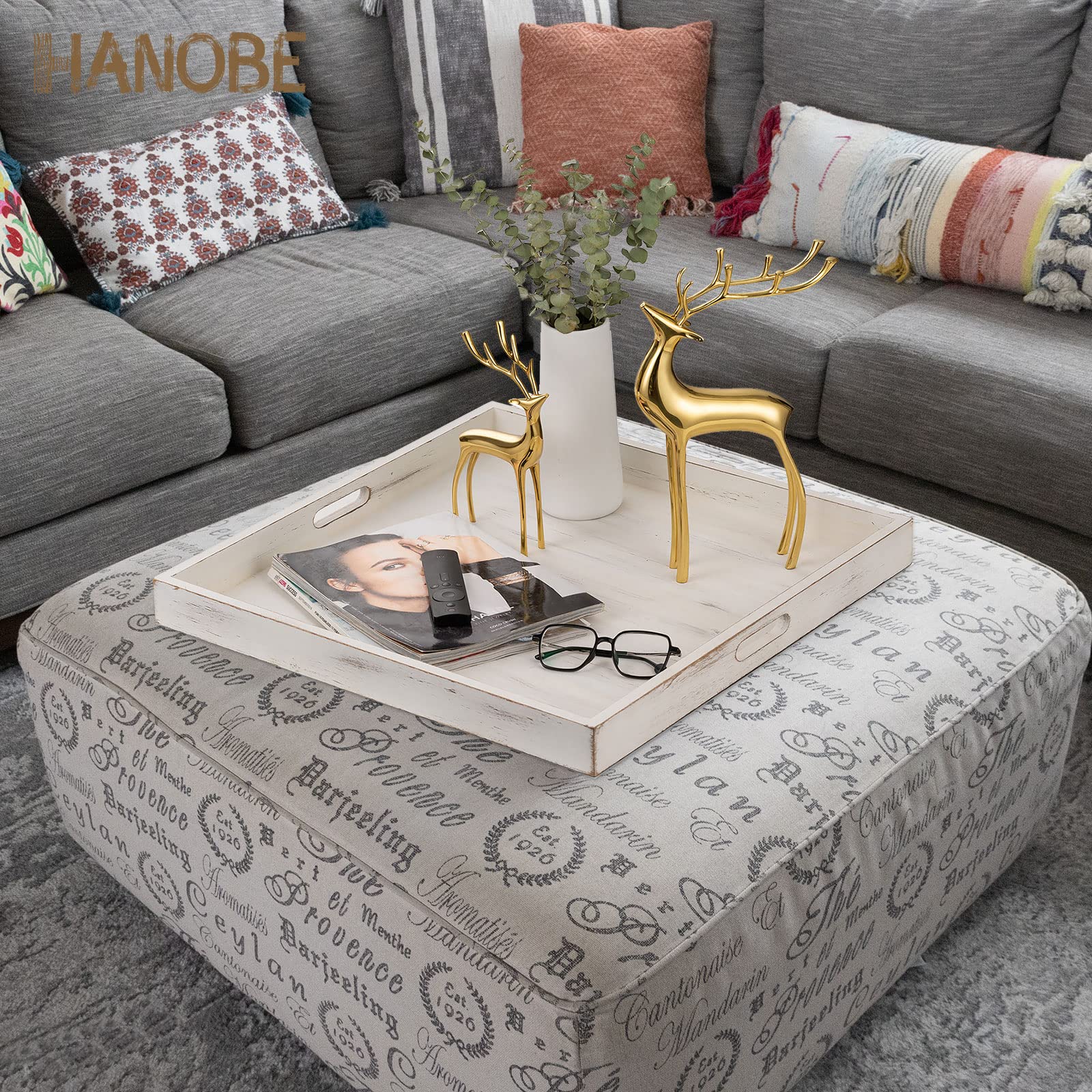 Hanobe Square Large Ottoman Tray: Extra Large Serving Wooden Trays Rustic Decorative Tray For Ottoman Coffee Table With Handles