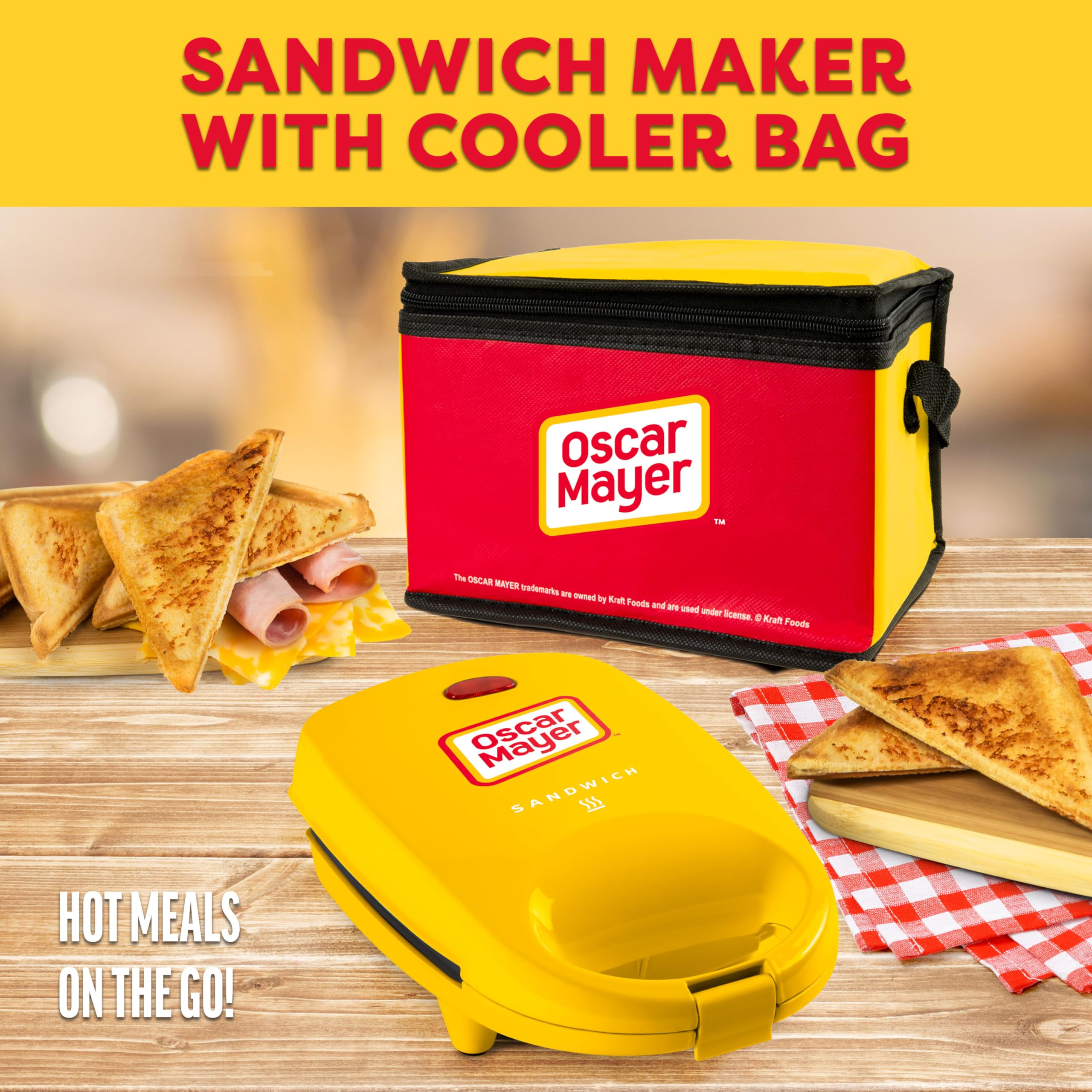 Nostalgia Oscar Mayer Sandwich Maker with Beverage Cooler Bag, 5-Inch Nonstick Cooking Surface, Yellow