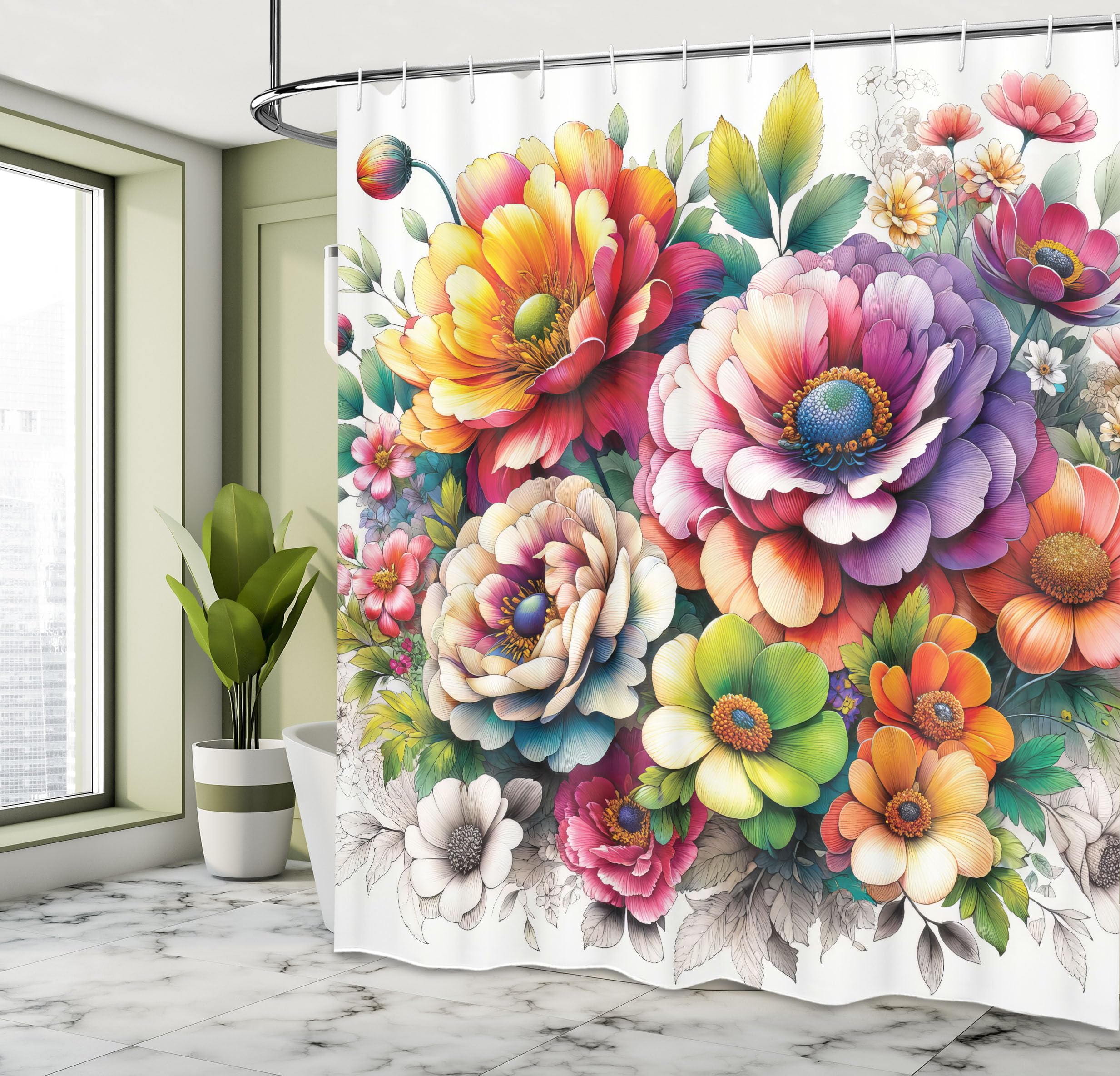 Ambesonne Colorful Shower Curtain, Springtime Huddle Of Peony Flowers With Jungle Boho Manners Chill Vibe, Cloth Fabric Bathroom