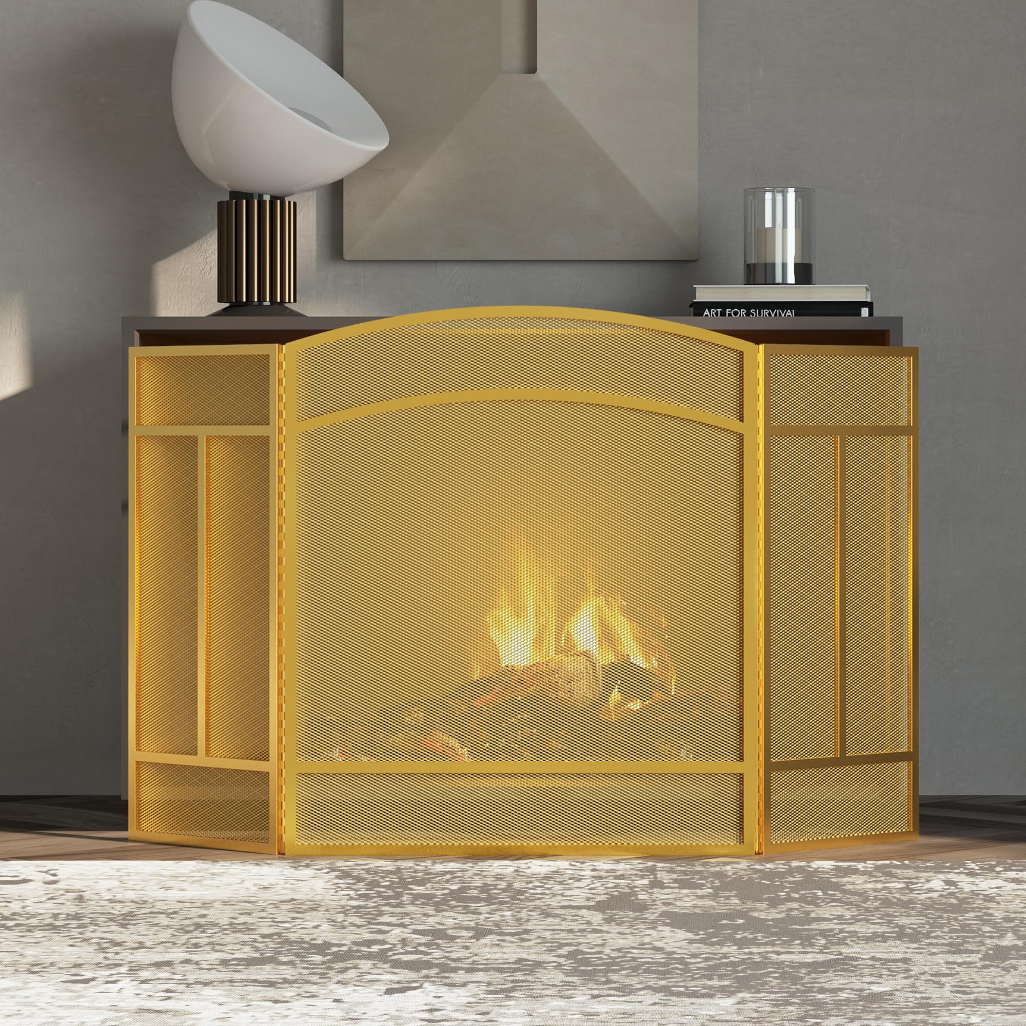 Fire Beauty Fireplace Screen 3 Panel Wrought Iron 48''(L) X 29''(H) Spark Guard Cover(Golden Dusting)