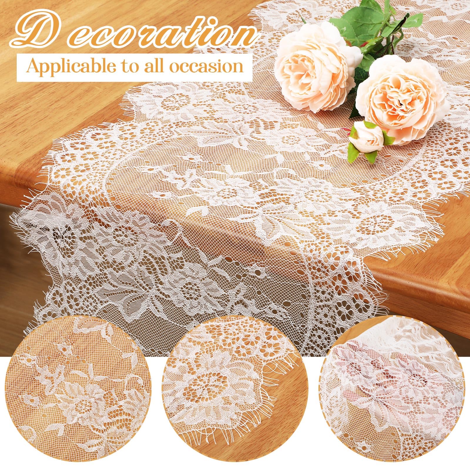 Coume 8 Pack Lace Table Runner 14 x 120 Inch White Rustic Lace Fabric Table Runners with Rose Embroidered Floral for Wedding Bri