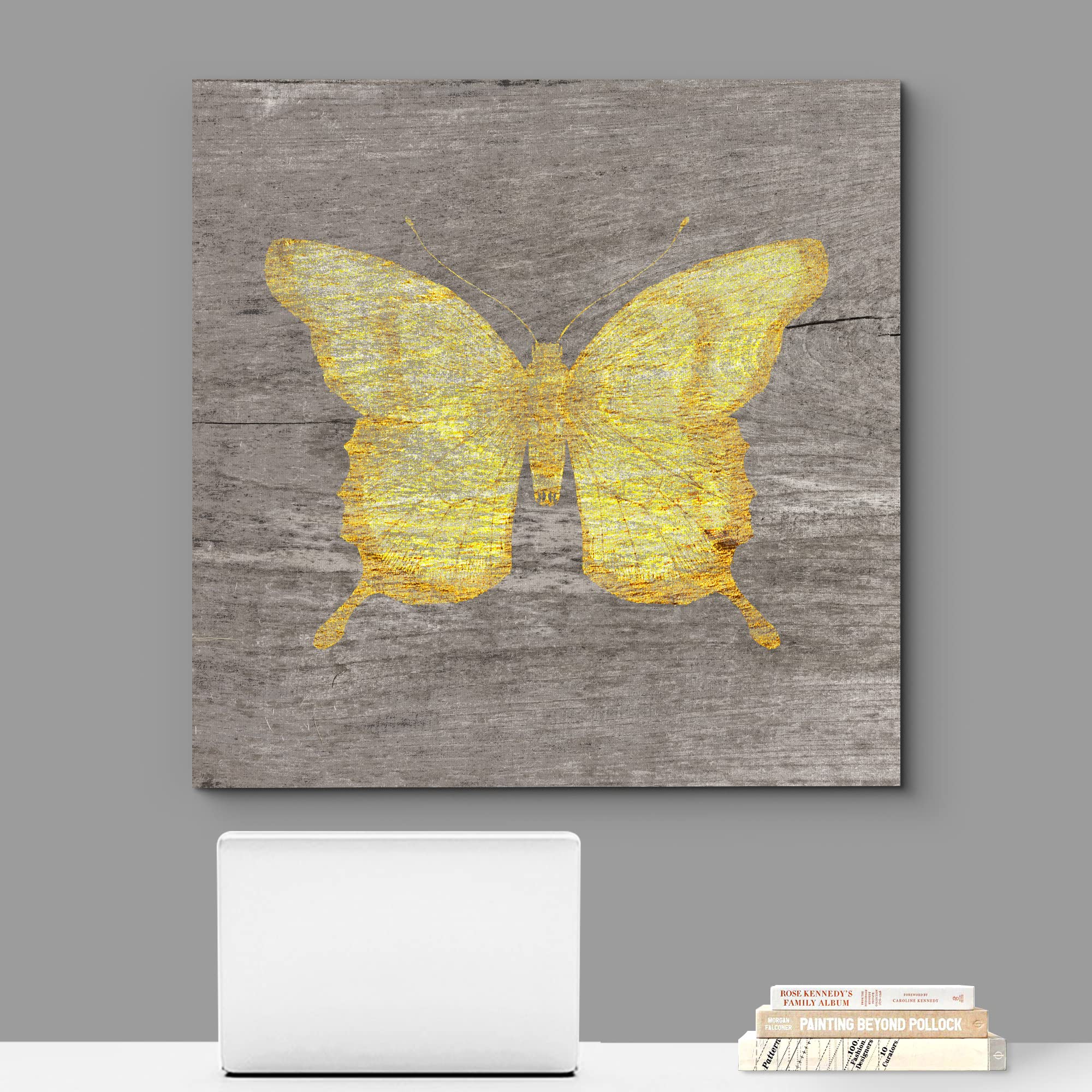 Wall26 Canvas Print Wall Art Yellow Wood Effect Butterfly Nature Plants Wood Panels Modern Art Farmhouse/Country Colorful Multic