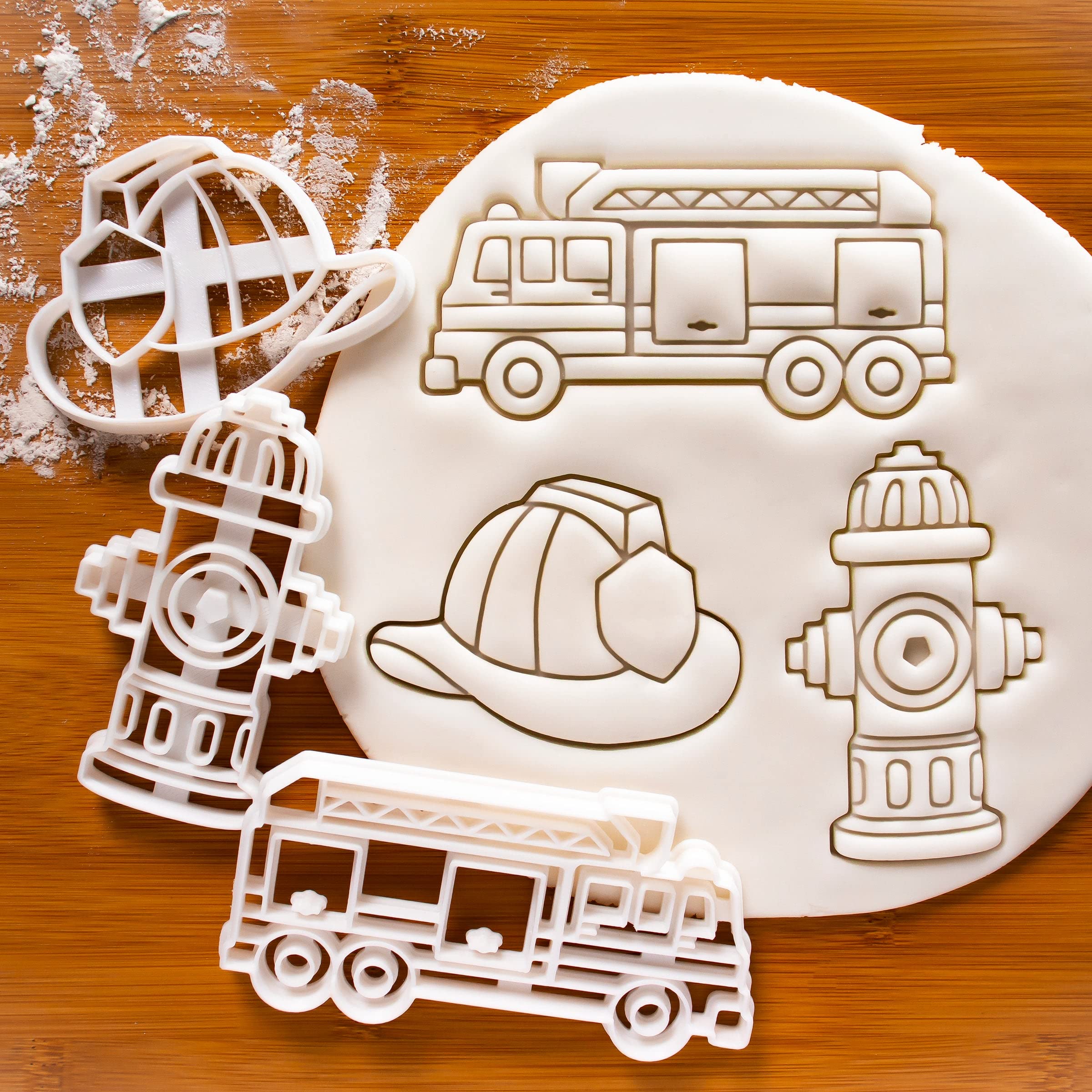 Set Of 3 Fireman Themed Cookie Cutters (Designs: Fire Truck, Fire Hydrant, And Fire Helmet), 3 Pieces - Bakerlogy
