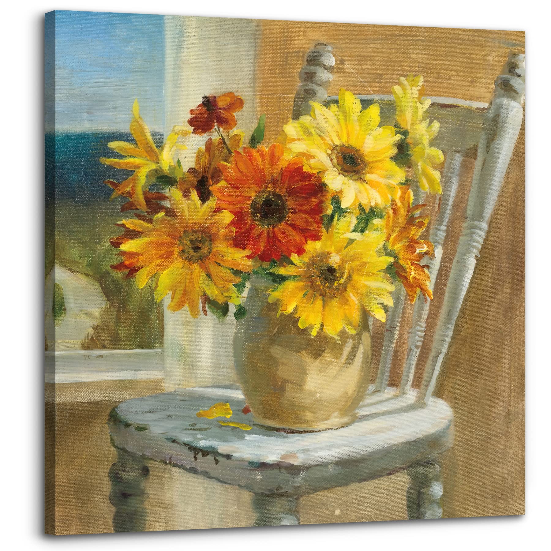 Bathroom Decor Canvas Country Farmhouse Wall Decor Sunflower Theme Painting Vintage Picture Artwork Wood Framed Wall Art Easy To