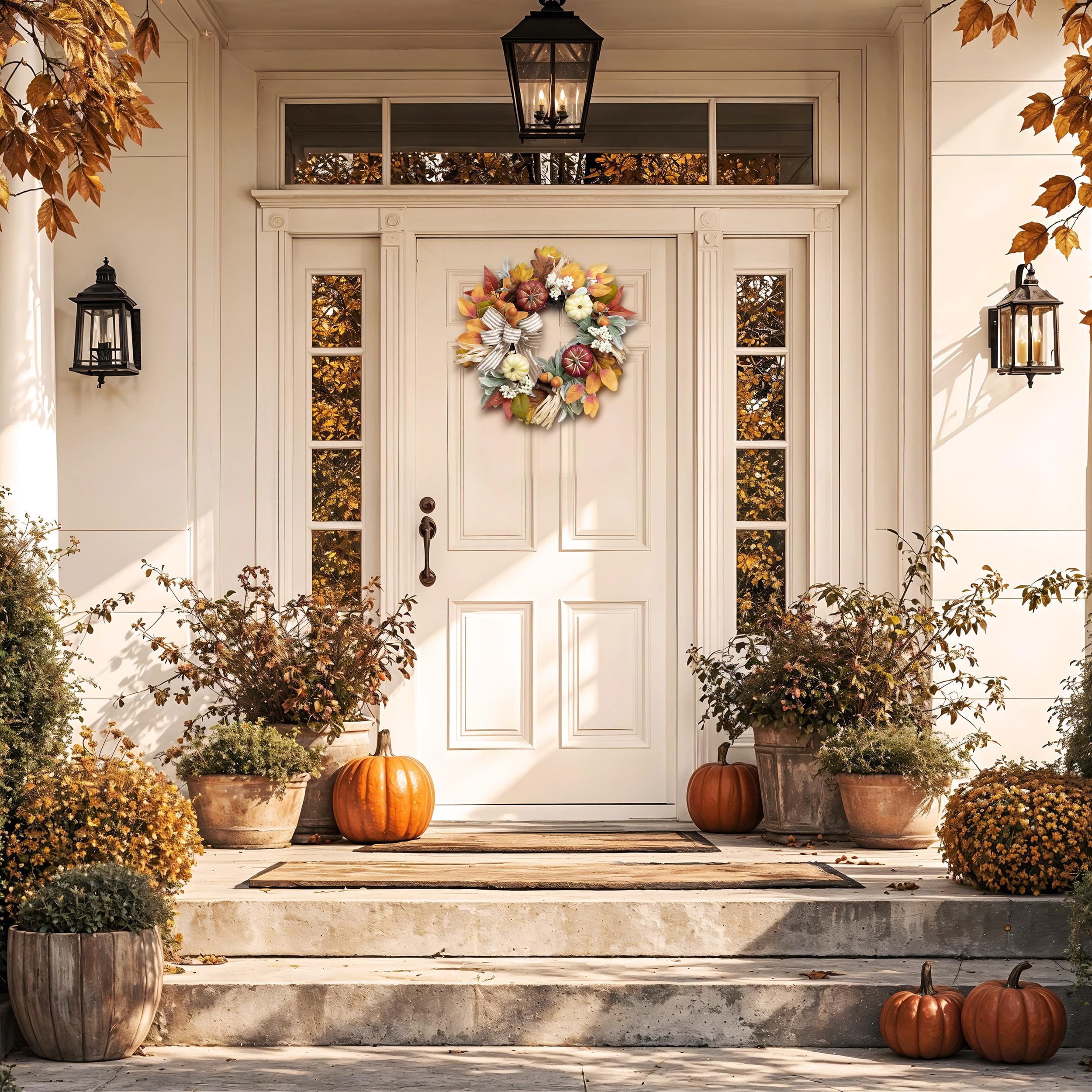 Valery Madelyn Fall Wreaths for Front Door Outside, 18 Farmhouse Autumn Door Wreath with Lights Brown Pumpkins Bow, Outdoor Fa