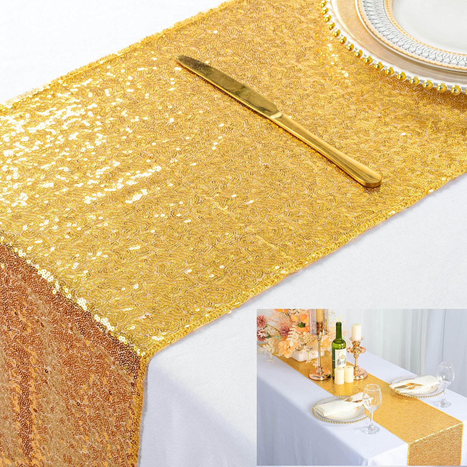 Shinybeauty 12X72-Inch Rectangle-Gold-Sequin Table Runner- For Wedding/Party/Decor (12X72-Inch)