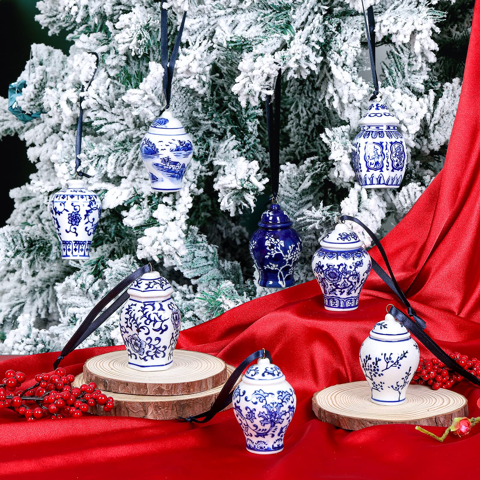 8 Pieces Chinoiserie Porcelain Christmas Ornaments Blue and White Christmas Decorations Mini Chinoiserie Porcelain Ginger Jar Ch