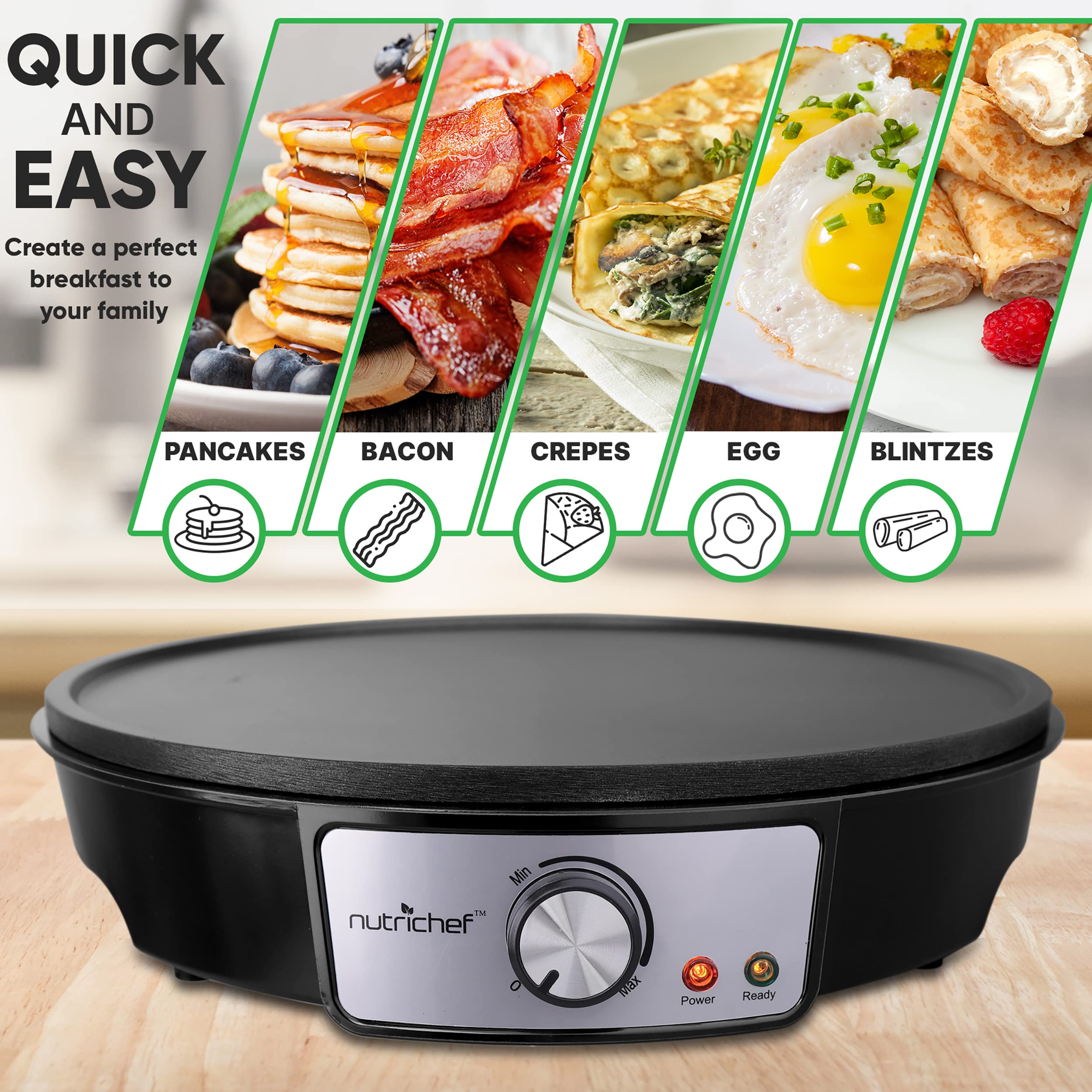 Nutrichef Electric Griddle & Crepe Maker | Nonstick 12 Inch Hot Plate Cooktop | Adjustable Temperature Control | Batter Spreader