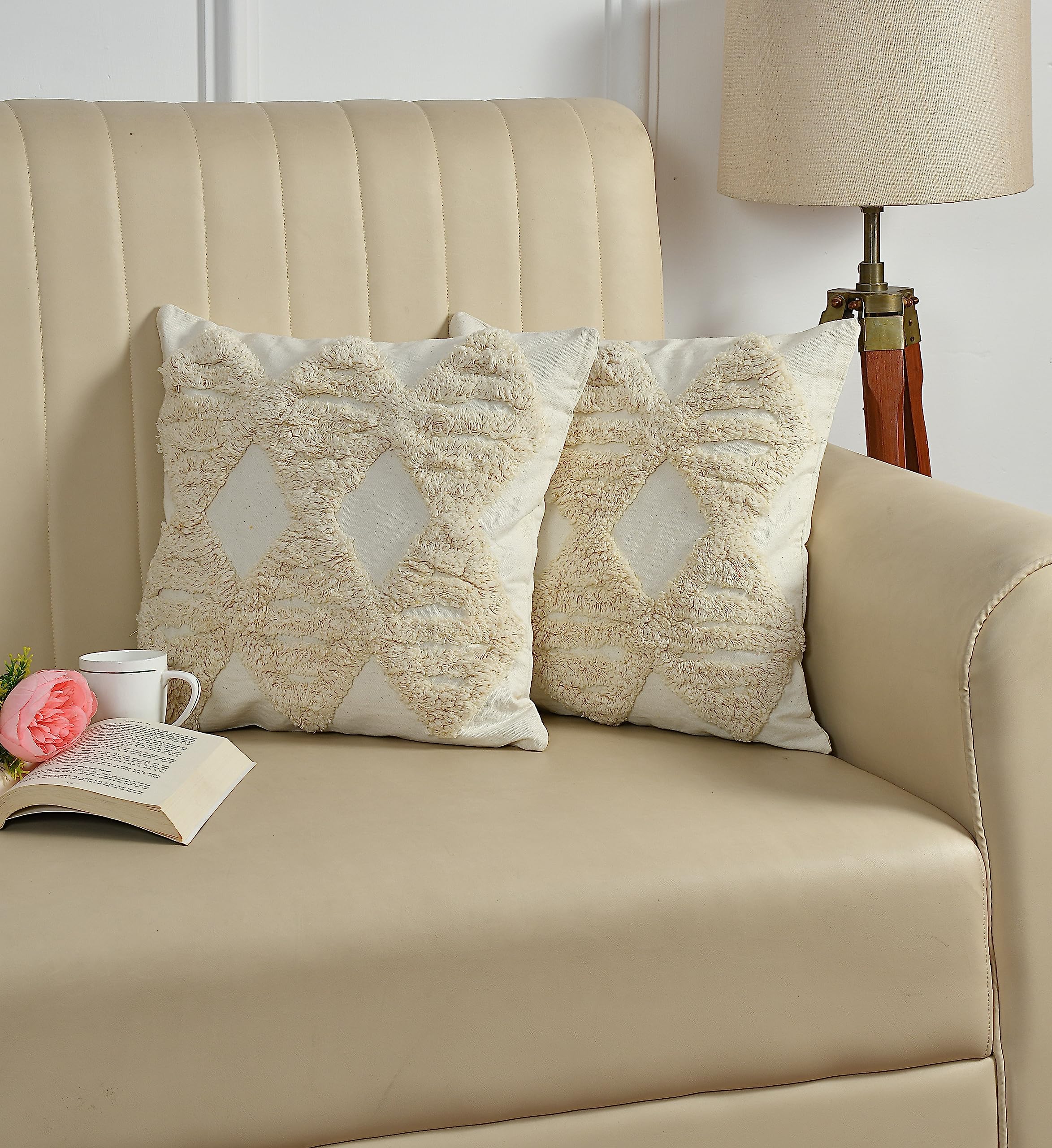 Wisdom Decor Tufted Cushion Covers 16 Inch X 16 Inch | Bedroom Cushions Set Of 2 White Diamond