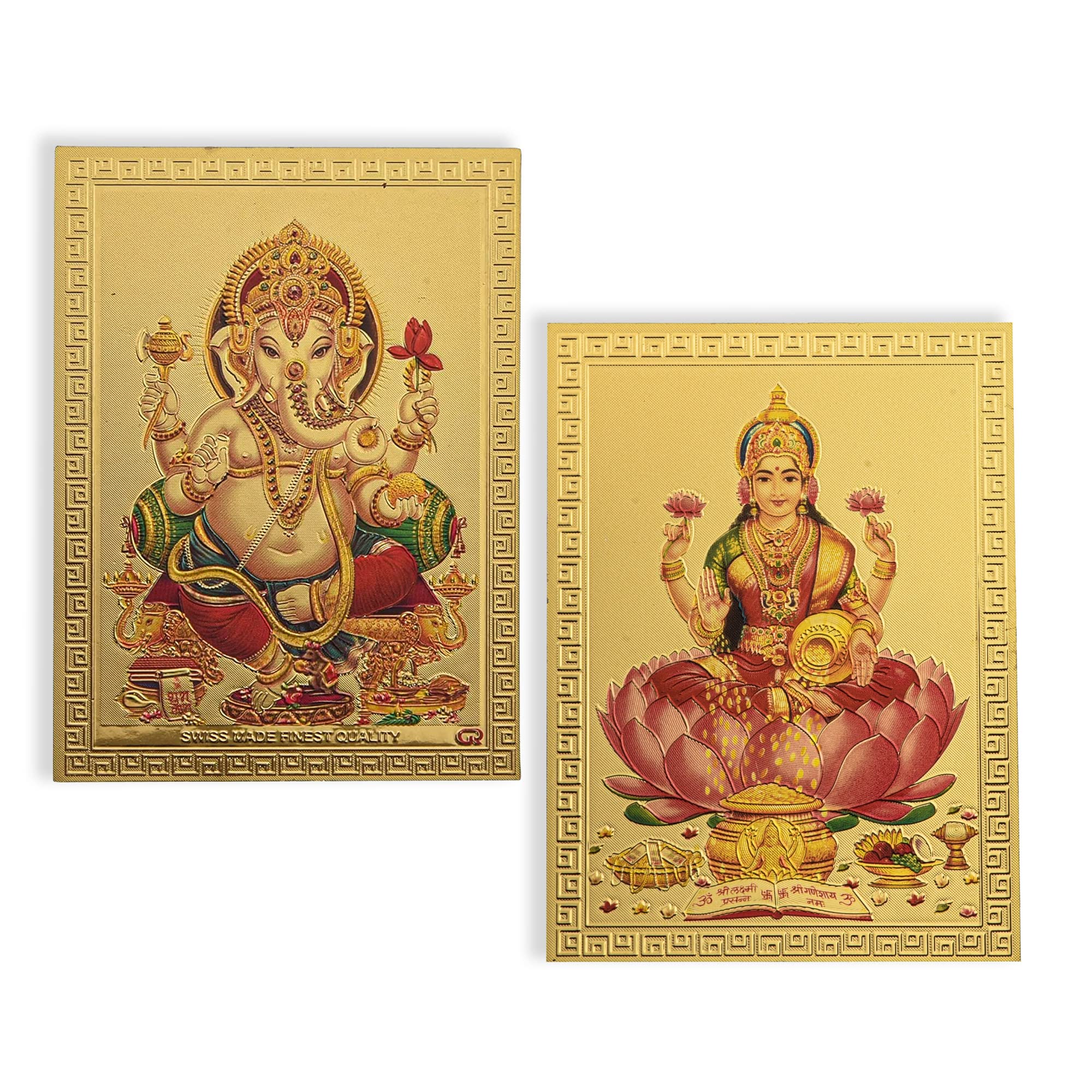 Hawai Small Pocket Size Gold Plated Lord Ganesh Laxmi Poster Sticker Combo Set For Worship Use, 8.5X6 Cm, Sfdi46_54