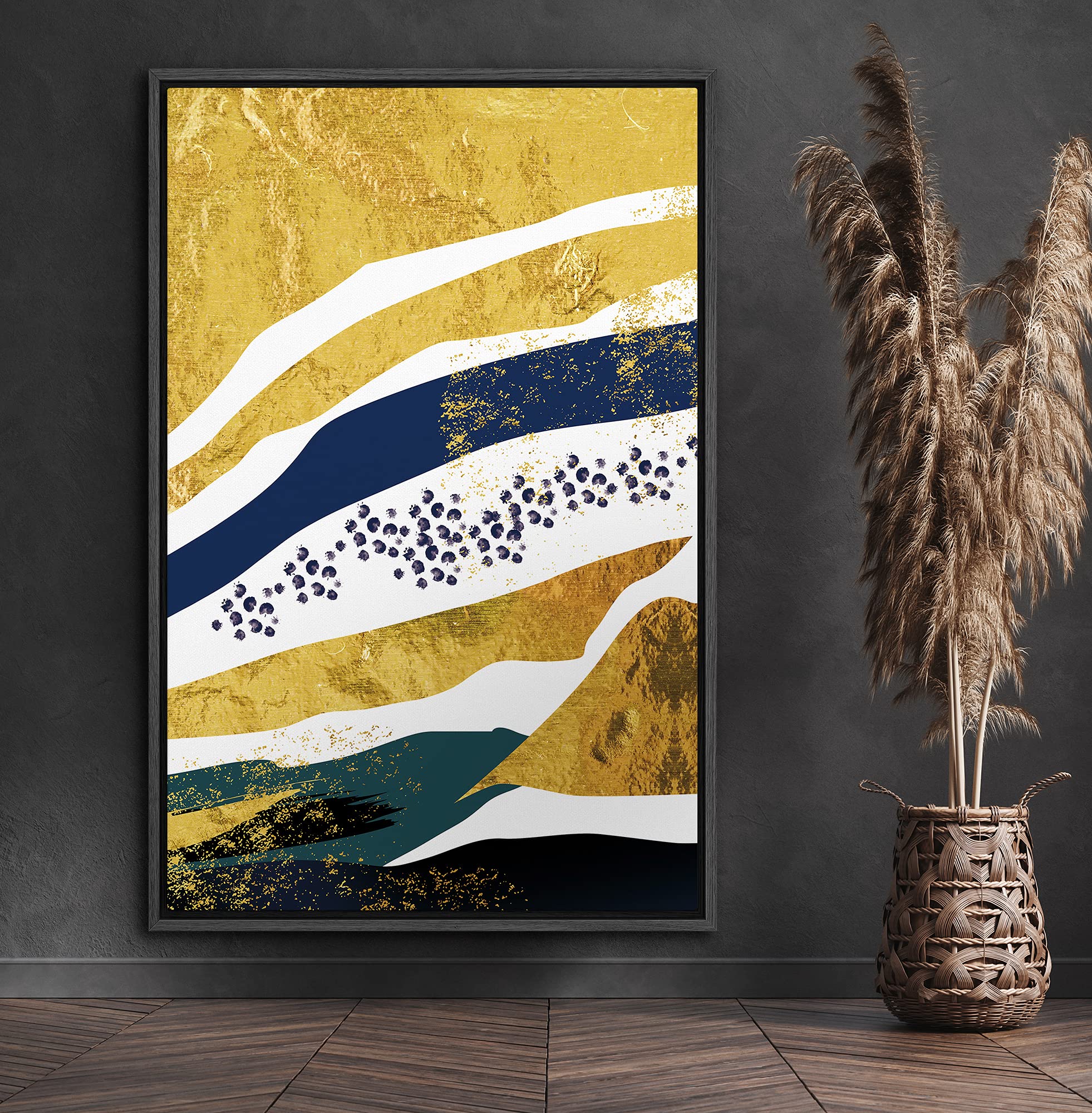 Signford Canvas Print Wall Art Gold Foil Blots With Black & Blue Strokes Abstract Shapes Illustrations Modern Art Alternative Co