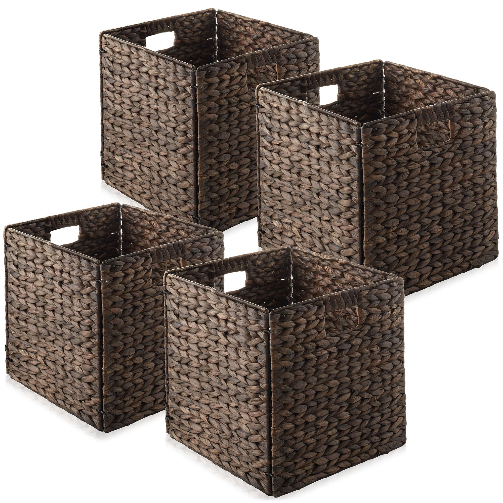 Casafield 12'' X 12'' Water Hyacinth Storage Baskets, Espresso - Set Of 4 Collapsible Cube Organizers, Woven Bins For Bathroom,