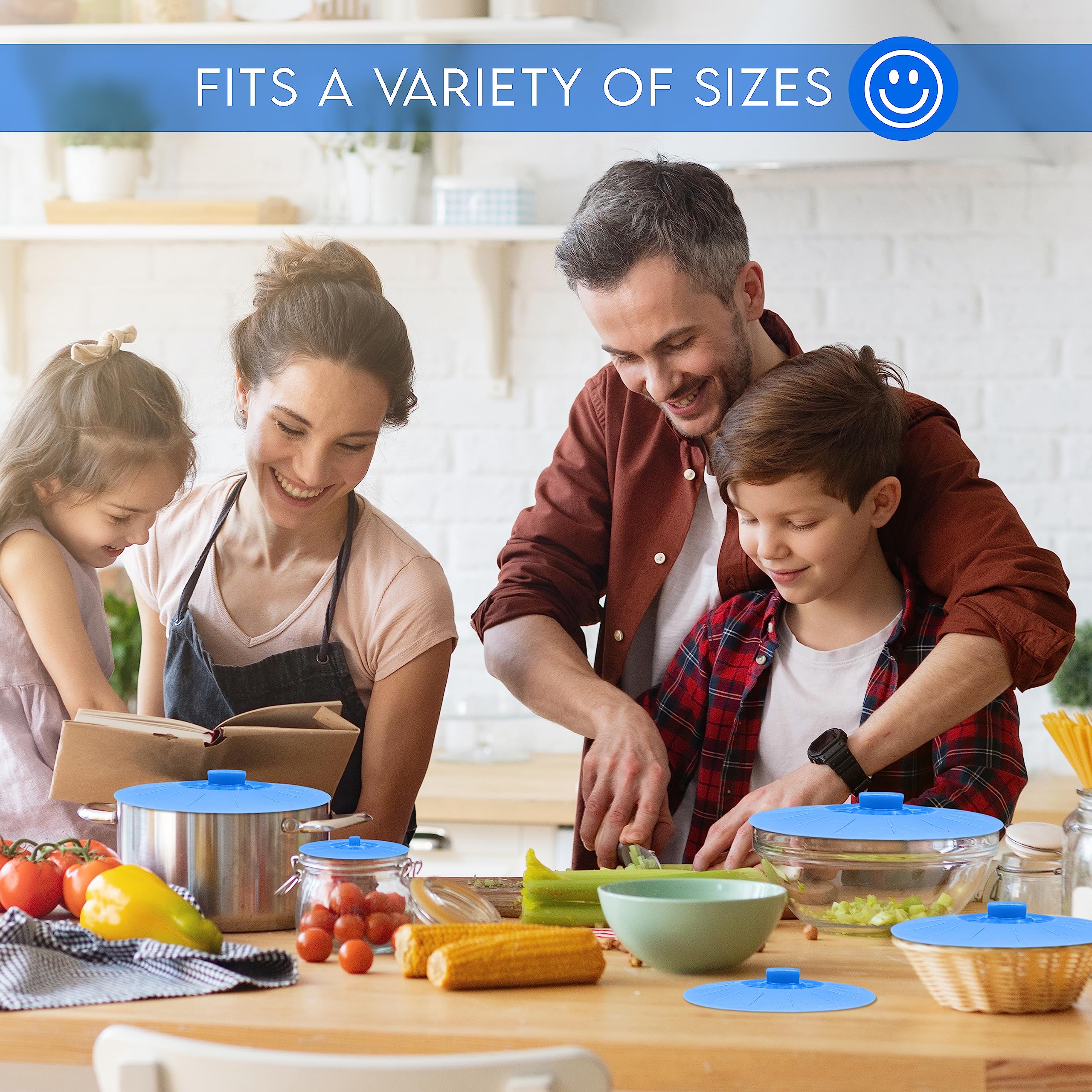 Silicone Bowl Lids Blue Set Of 5 Reusable Suction Seal Covers For Bowls, Pots, Cups. Food Safe. Natural Grip, Interlocking Handl