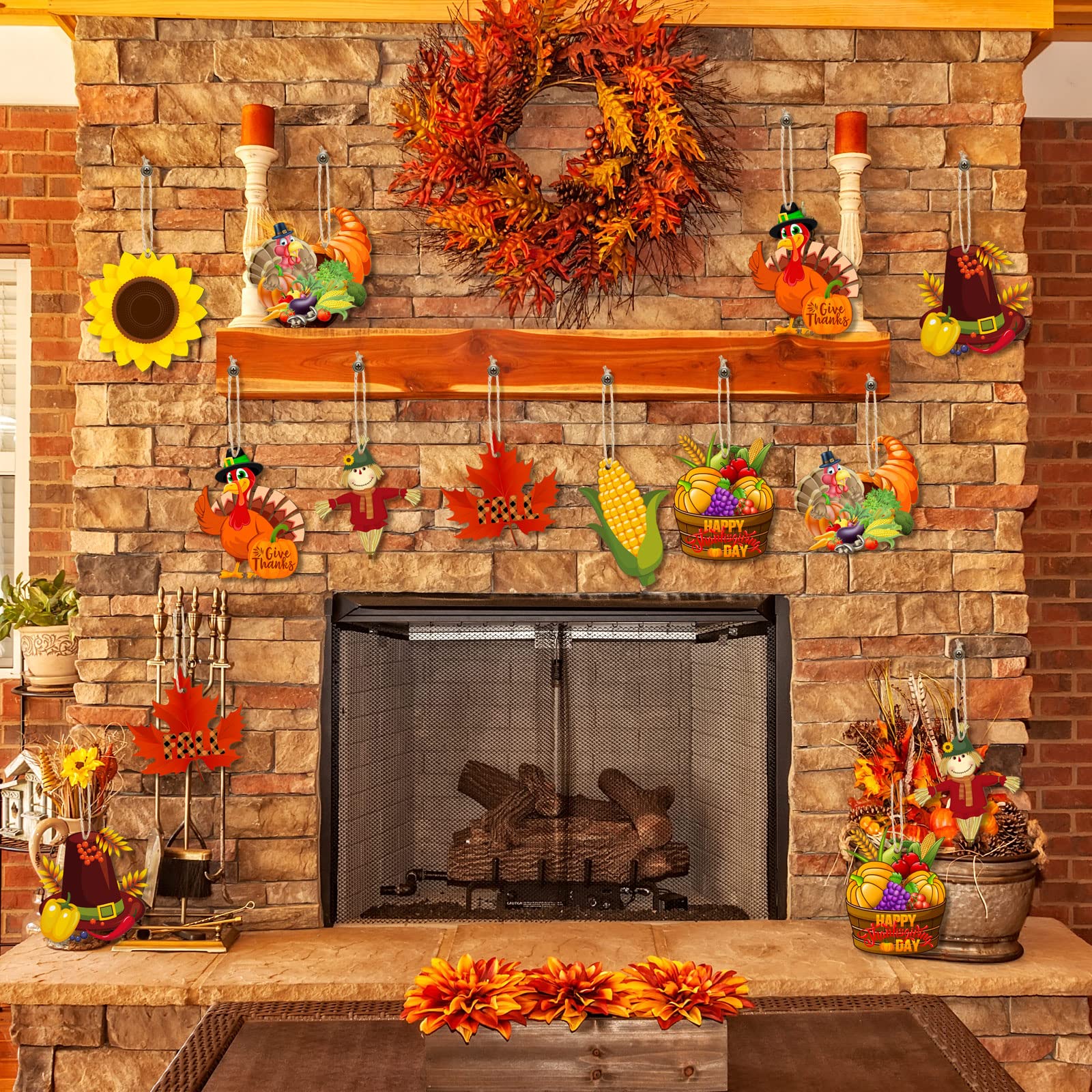 Bucherry 40 Pieces Fall Thanksgiving Wood Ornaments Fall Tree Ornaments Pumpkin Cutout Maple Acorns Turkey Autumn Harvest Hangin