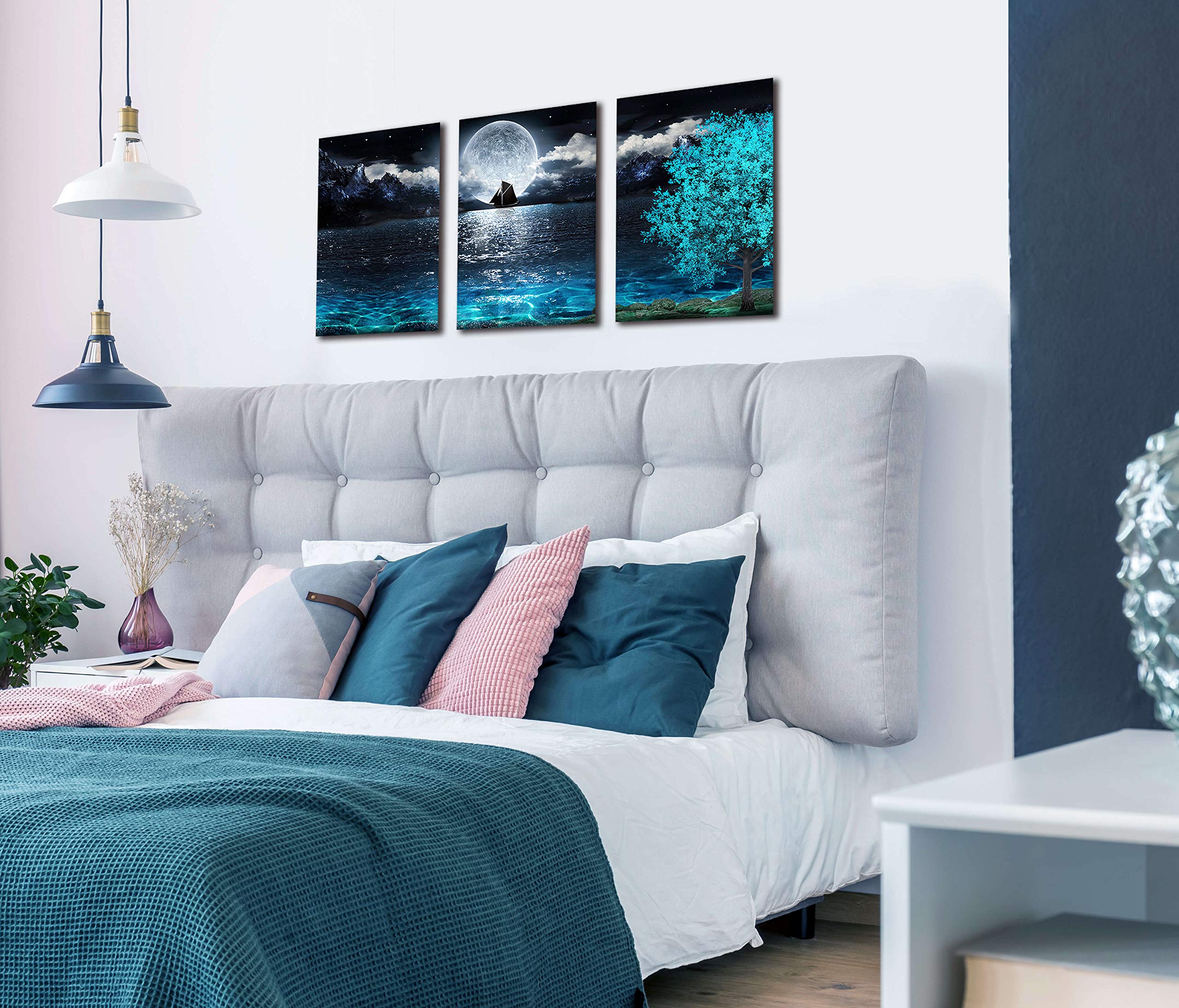 Moon Wall-Art - Teal Ocean Modern Decor Wall Decor For Living Room - Wall Art For Bedroom On Canvas Framed Size 12X16 Inches X3