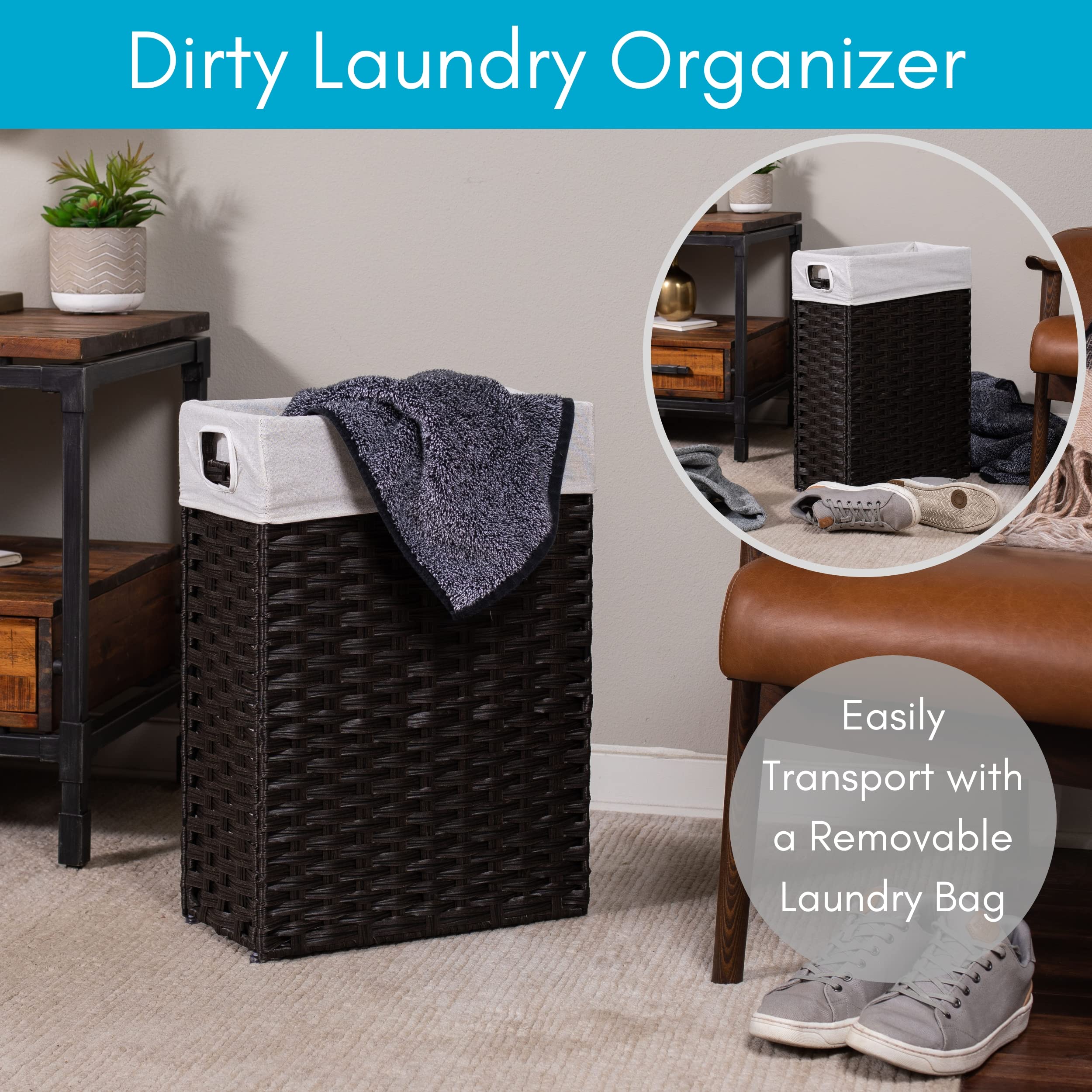 Birdrock Home 22'' Slim Laundry Hamper With Removable Liner Bag | Brown | Handwoven | Compact Collapsible Clothes Basket | Synth