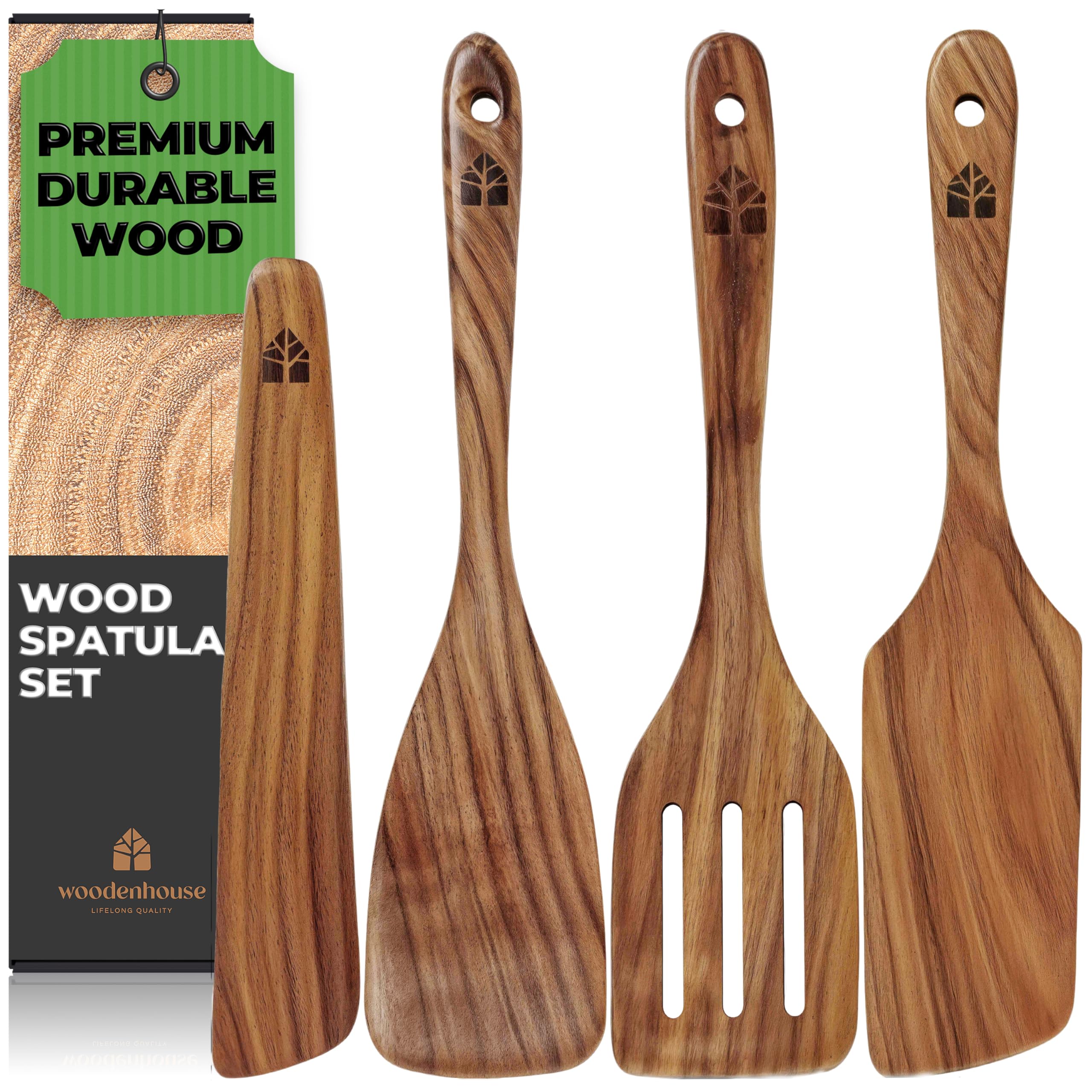 Wooden Spatula for Cooking  Kitchen Set of 4  Natural Teak Wooden Utensils including Paddle  Turner Spatula  Slotted Spatula and Wood Scraper. Nonstick cookware.
