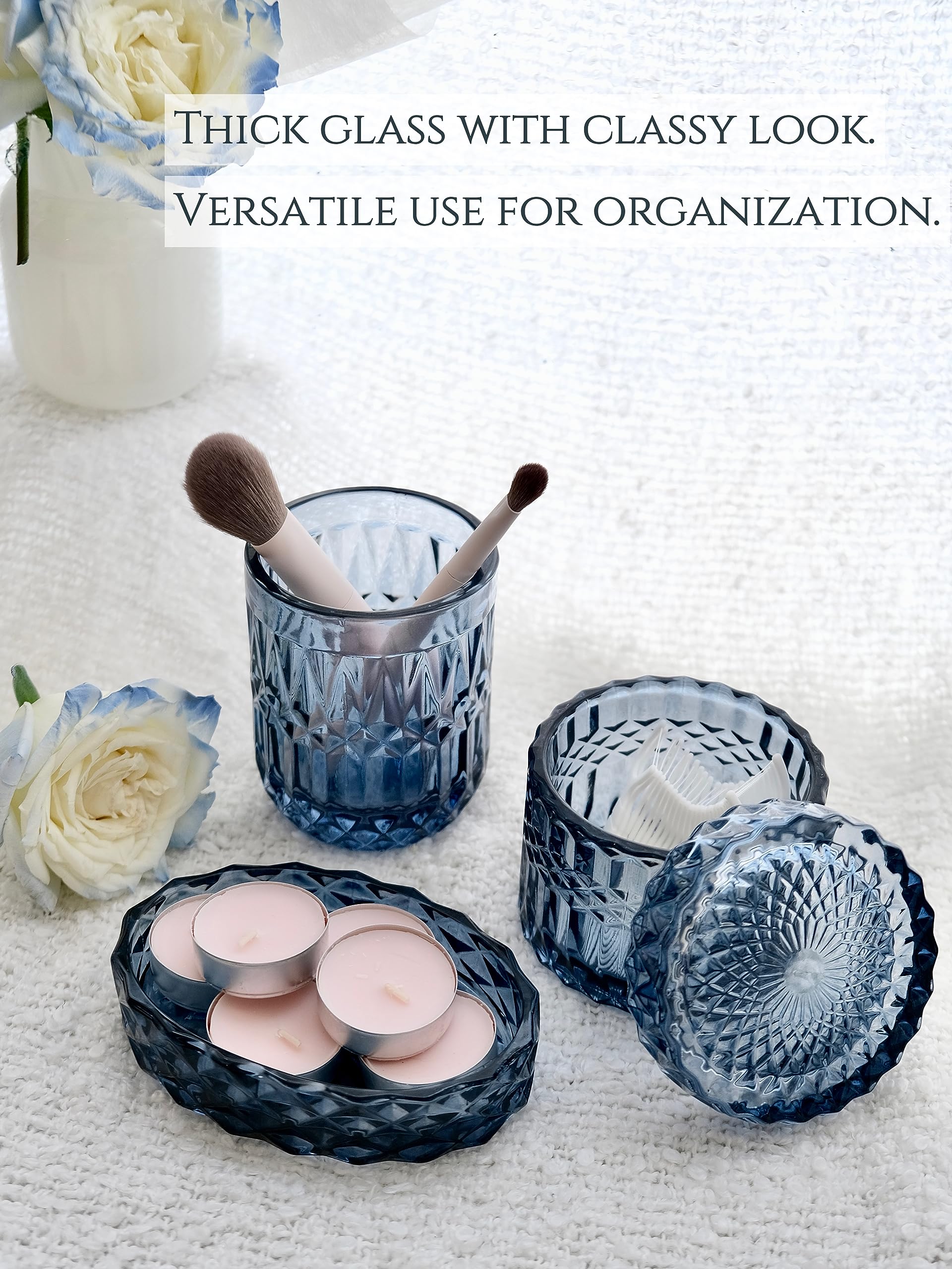 LaMarriti 5Pcs Blue Glass Bathroom Accessory Complete Set  Lotion Dispenser  Soap Dish  Tumbler  Cotton Swab Jars  Toothbrush Holder Set  Modern Bathroom Decor and Gift Set  Blue