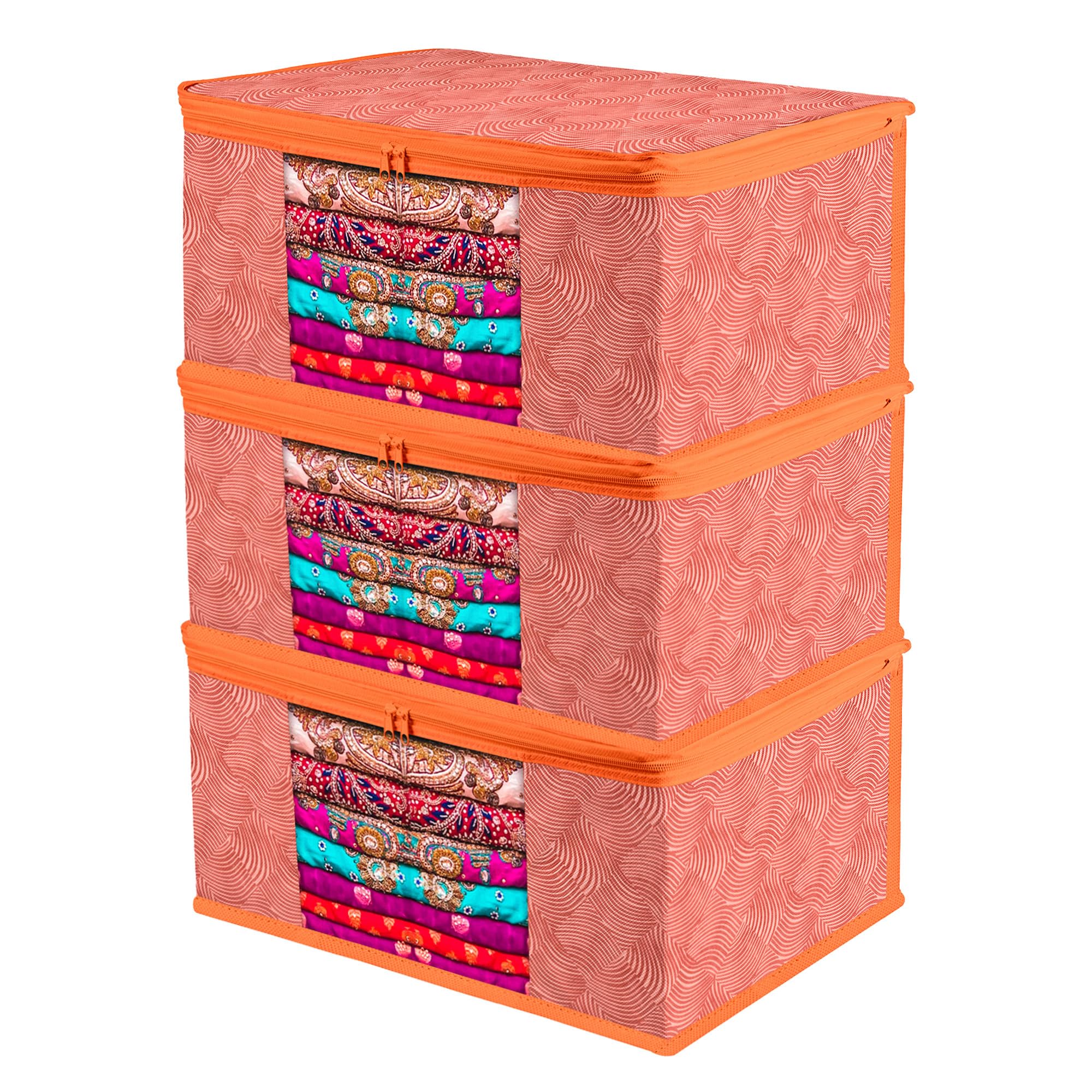 Kuber Industries Saree Cover | NonWoven LahariyaDesign Zip Closure Saree Cover | Wardrobe Organiser | Transparent Window Saree