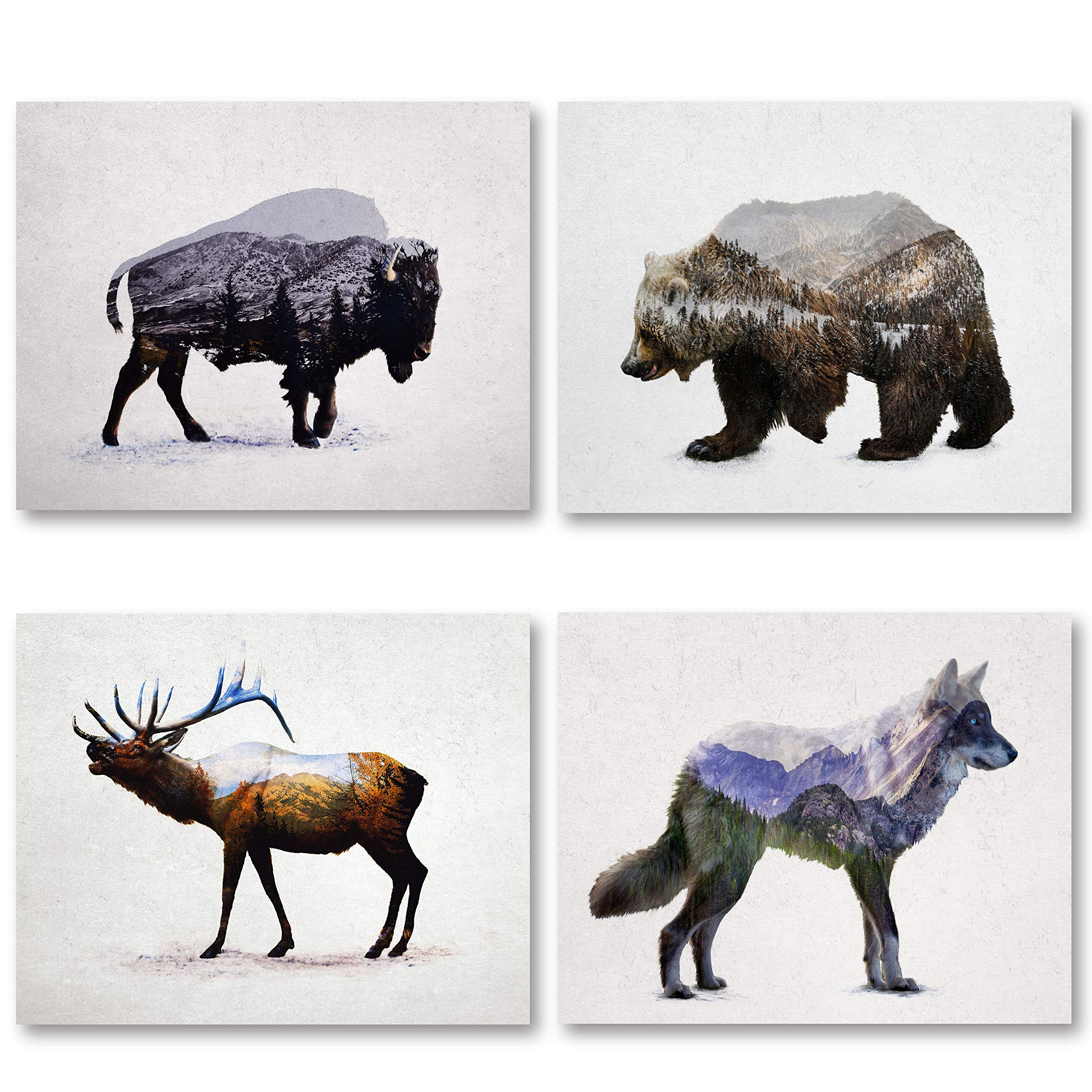 Rustic Double Exposure Elk, Bison, Wolf And Bear Landscape Set; Cabin Lodge Decor; Four 20X16In Fine Art Paper Prints