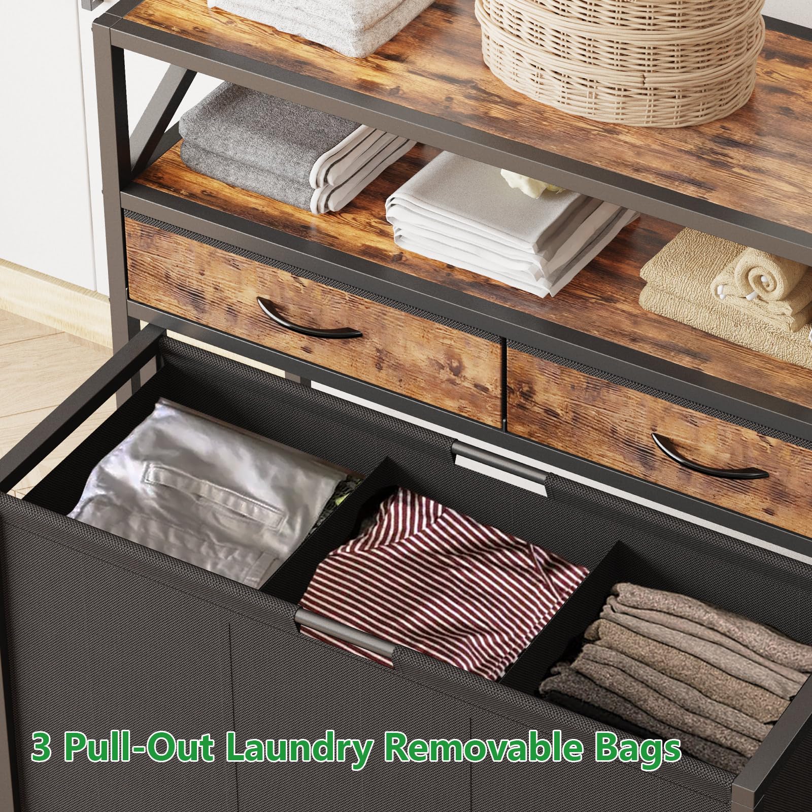 Laundry Sorter, Laundry Hamper With 3 Section Pull-Out Bags, Rolling Laundry Basket Organizer With Drawers And Shelves, Large La