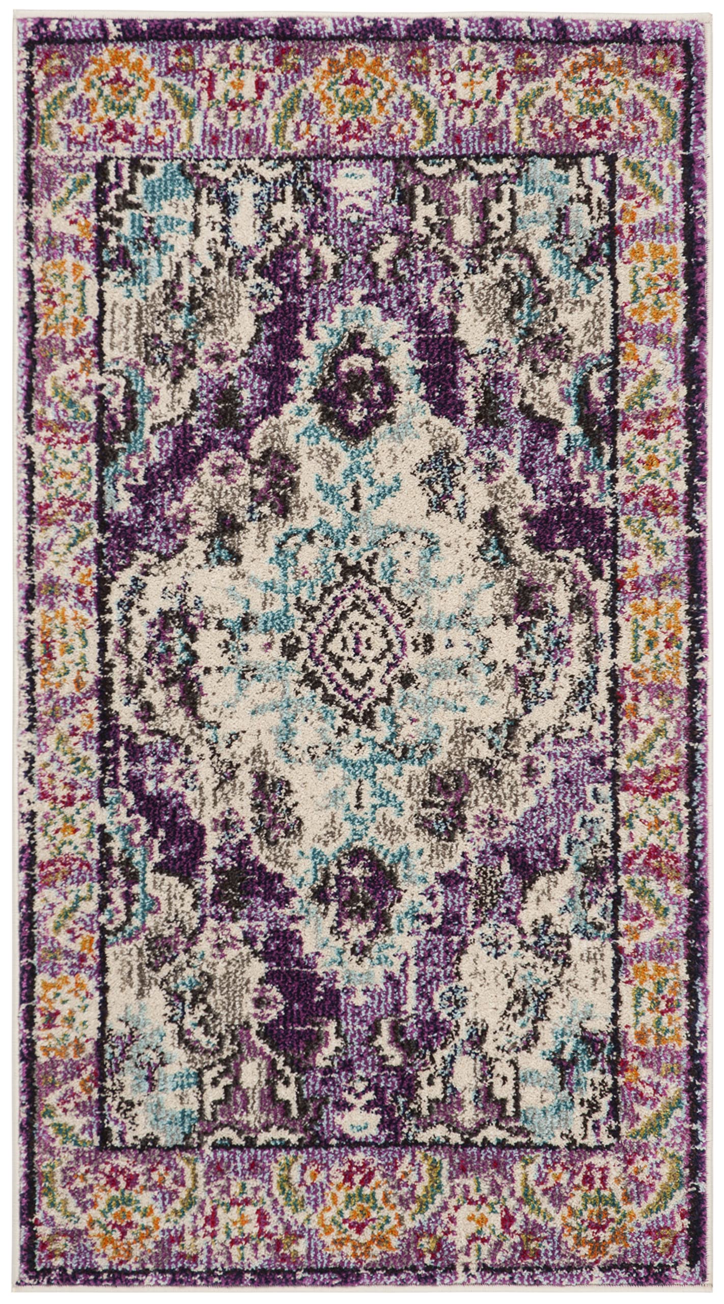 SAFAVIEH Monaco Collection Accent Rug - 22 x 4, Violet & Light Blue, Medallion Distressed Design, Non-Shedding & Easy Care, Id