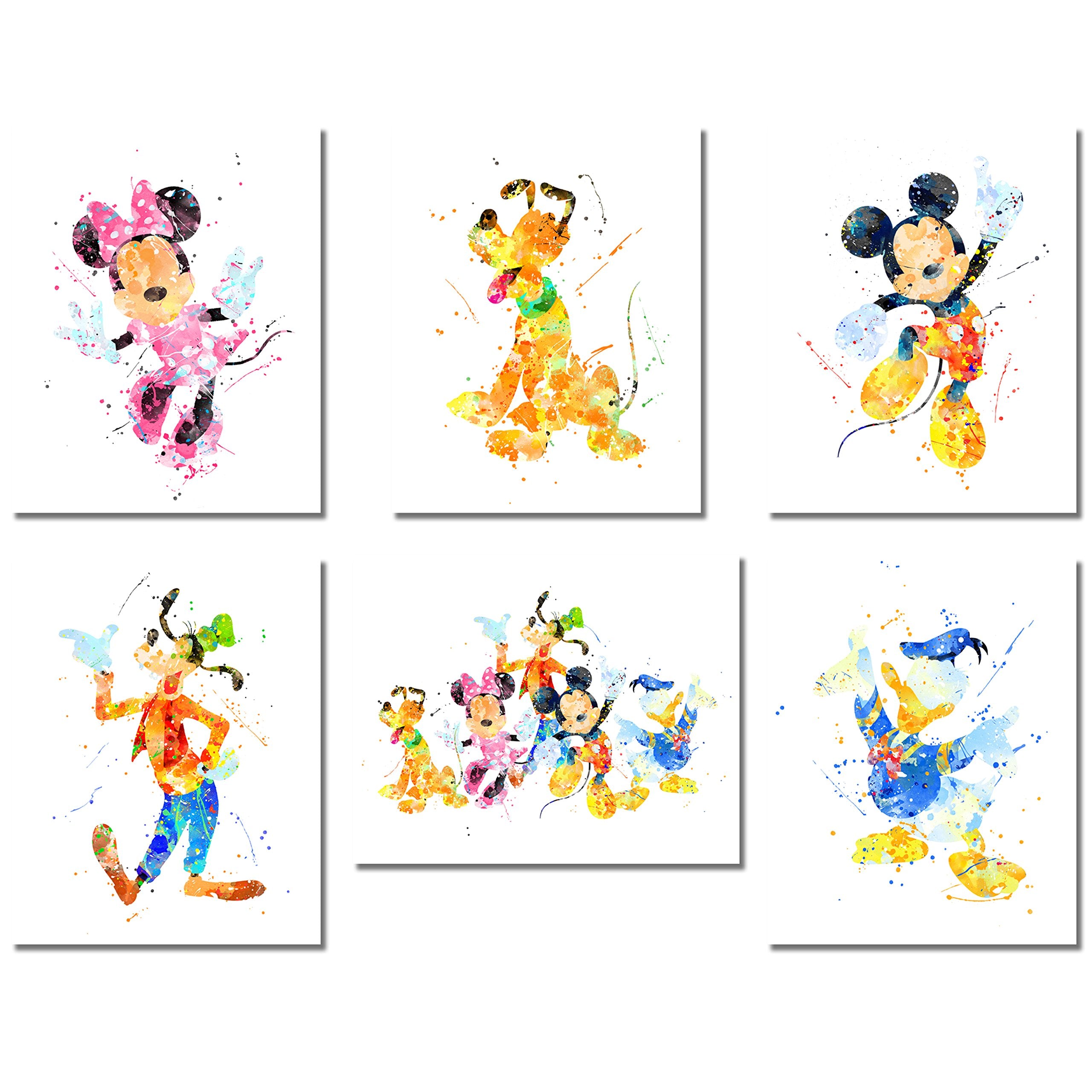 Mickey Mouse Wall Art Watercolor Poster Prints - Set Of 6 (8 Inches X 10 Inches) Photos - With Mickey Minnie Donald Duck Goofy P