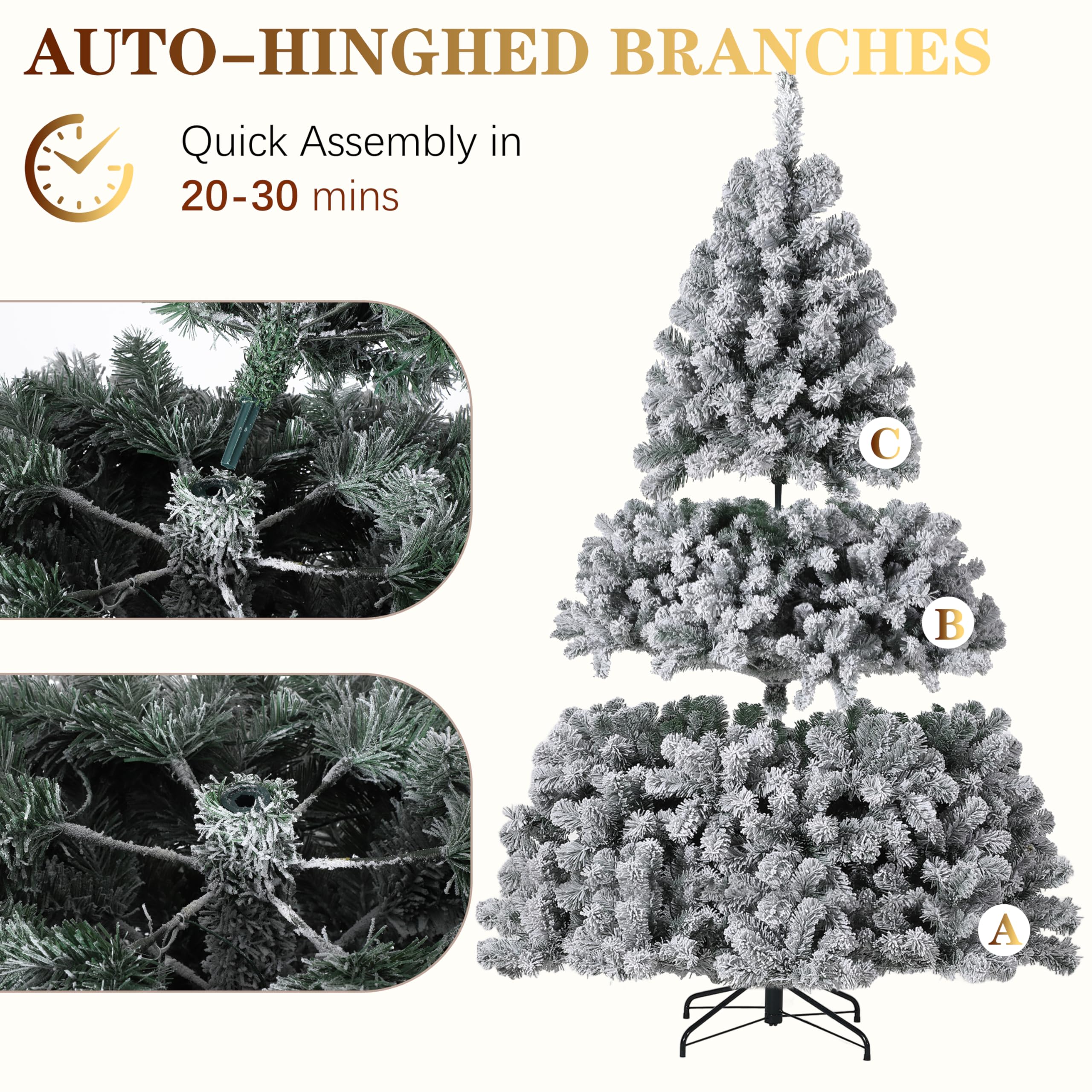9FT Flocked Artificial Christmas Tree with 900 Warm White LEDs - Pre-Lit PVC Snow Tree, Foldable Stand & Foot Pedal, Easy Assemb