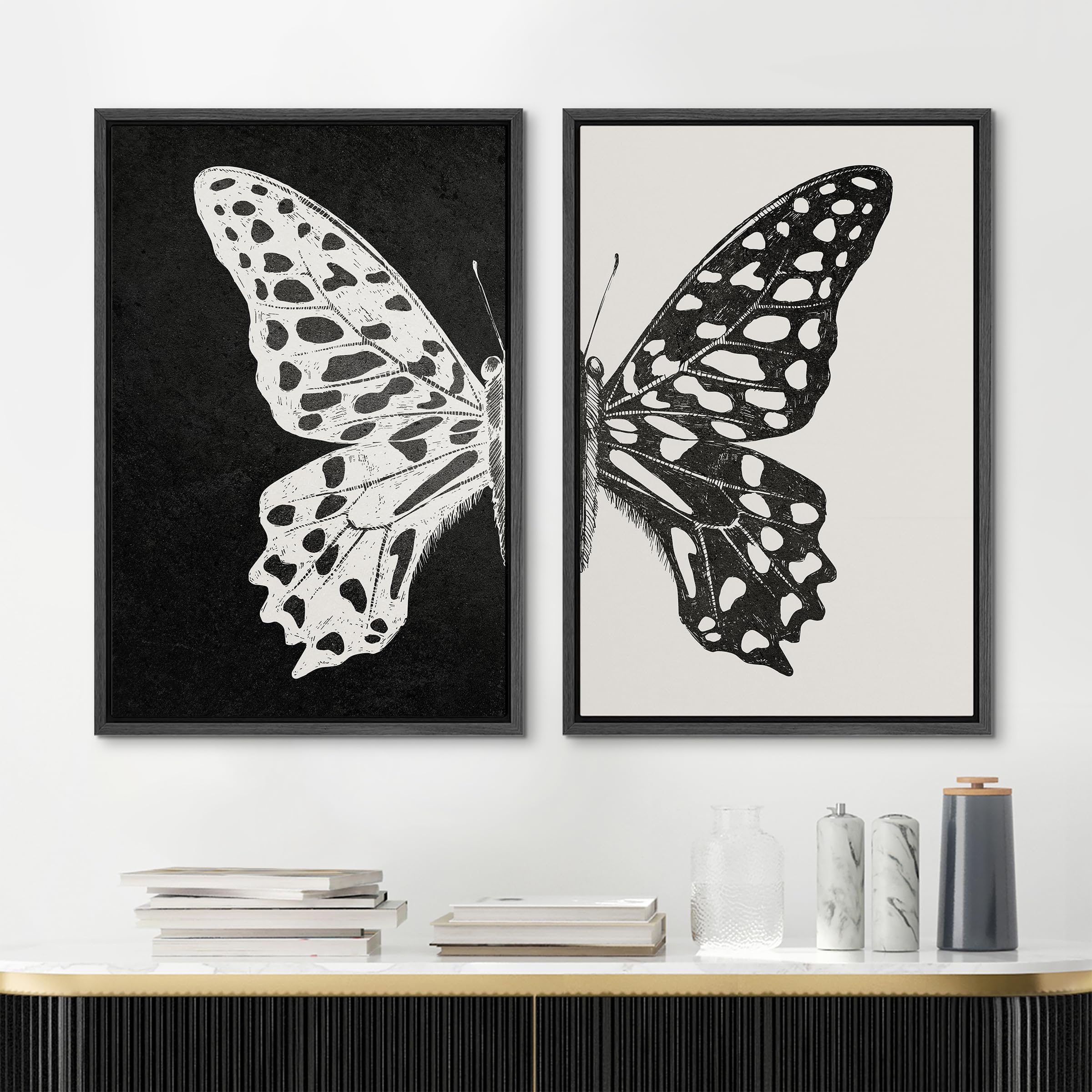 Mudecor Framed Canvas Wall Art Black And White Butterfly Prints Minimalist Modern Art Boho Wall Decor For Bedroom - 16''X24''X2