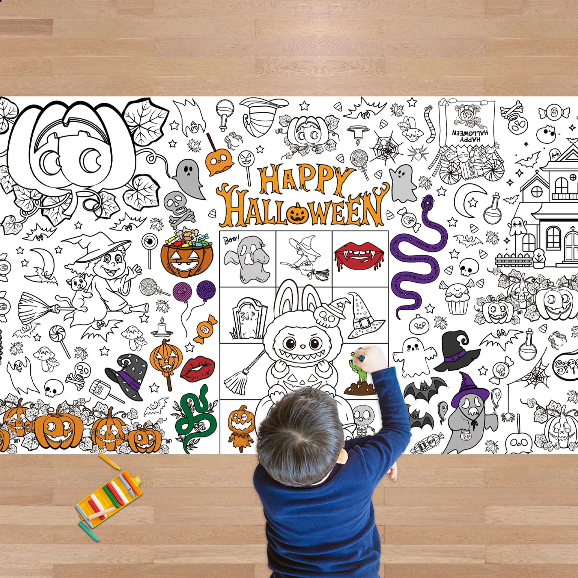 JXSDWANG Halloween Giant Coloring Tablecloth,Halloween Crafts for Kids - 72x30 Inches, Paper Coloring Banner Games Activities Gi