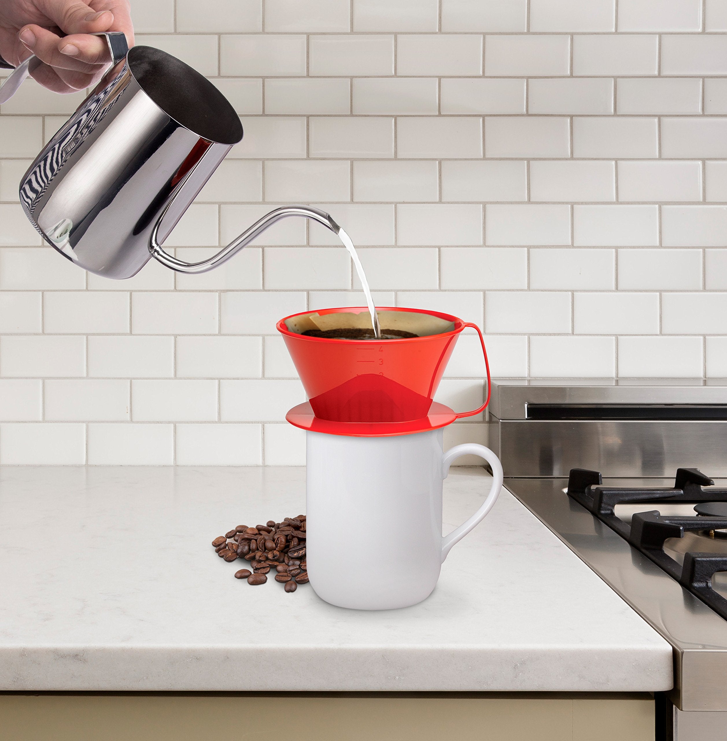 Fino Pour-Over Coffee Brewing Filter Cone, Number 4-Size, Red, Brews 8 To 12-Cups