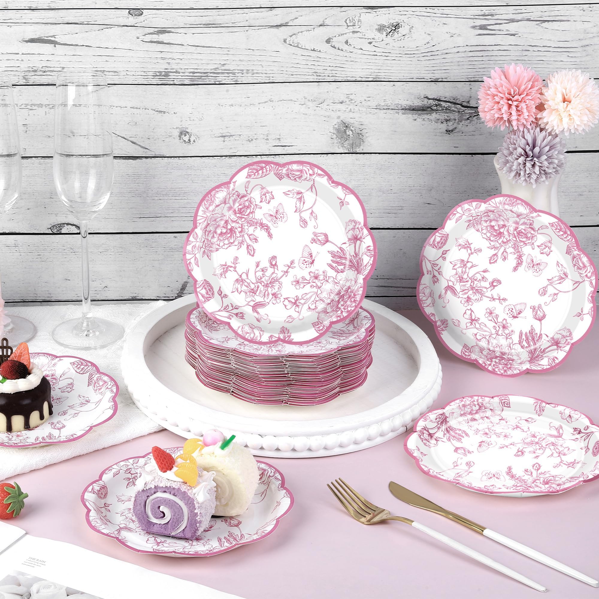 Kochorie 150 Pieces Pink Flower Paper Plates 7 Inches Disposable Floral Paper Plates Scalloped Pink Chinoiserie Vintage Flower D
